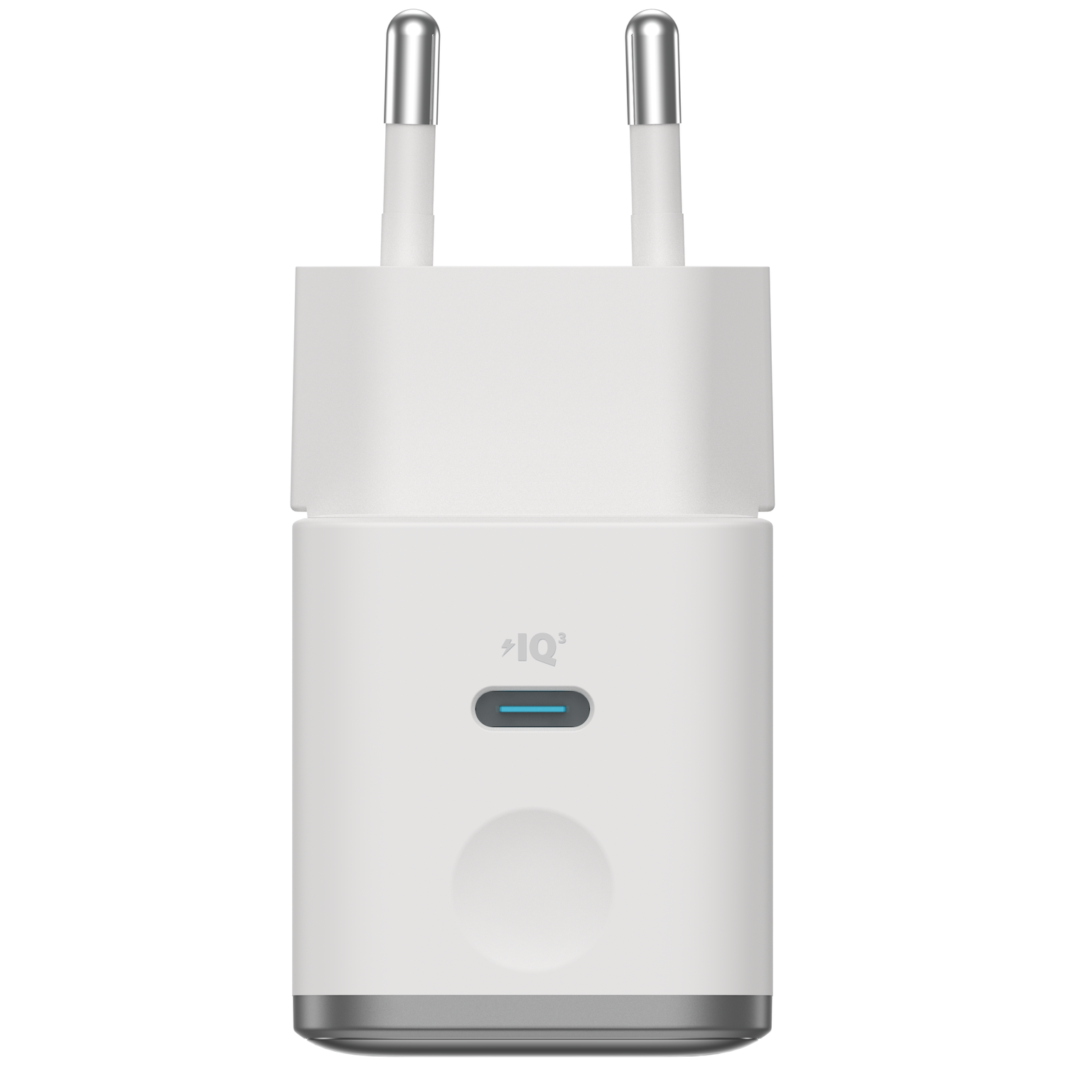A white charging adapter with two silver prongs and a blue USB-C port.