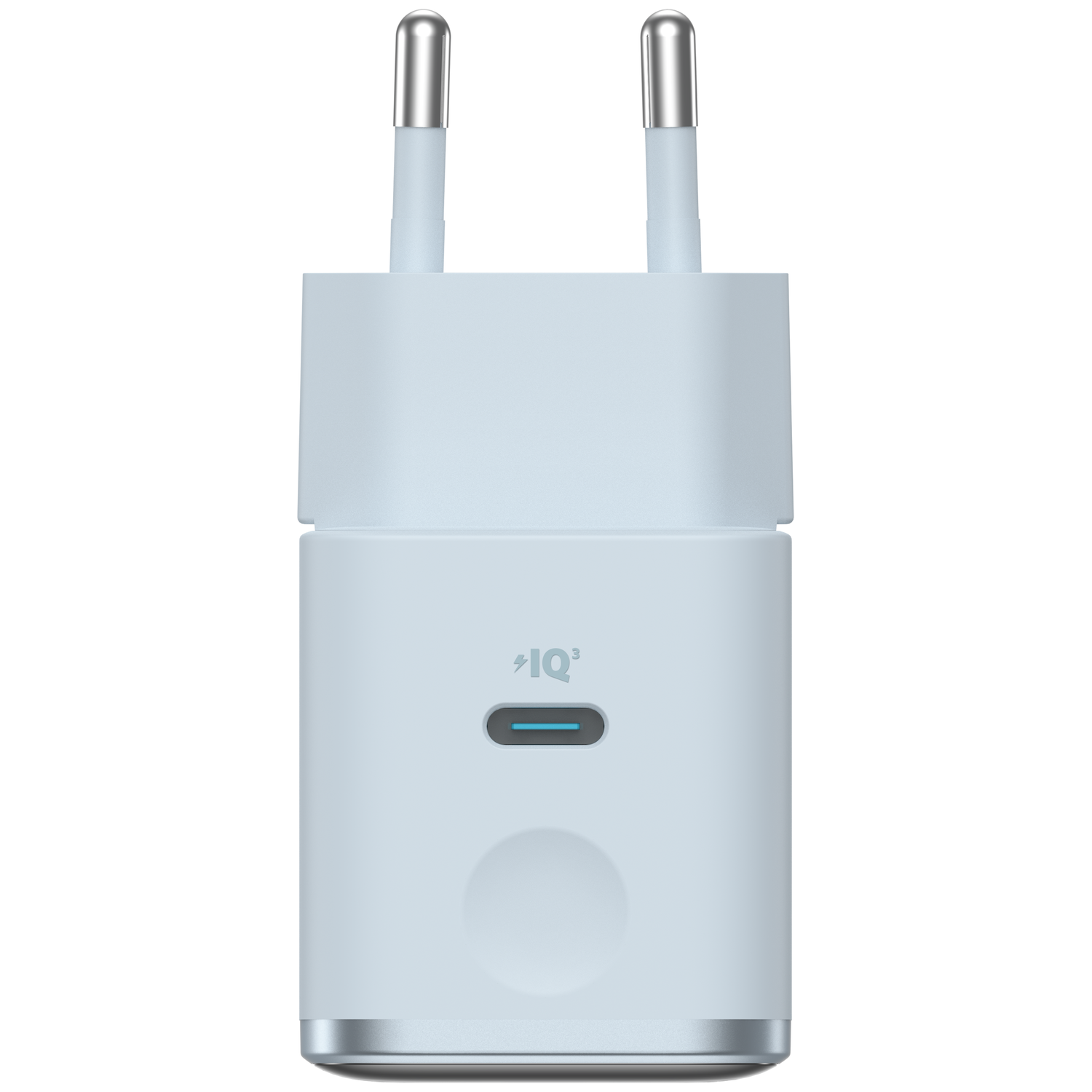 A light blue power adapter with silver prongs and a USB-C port.