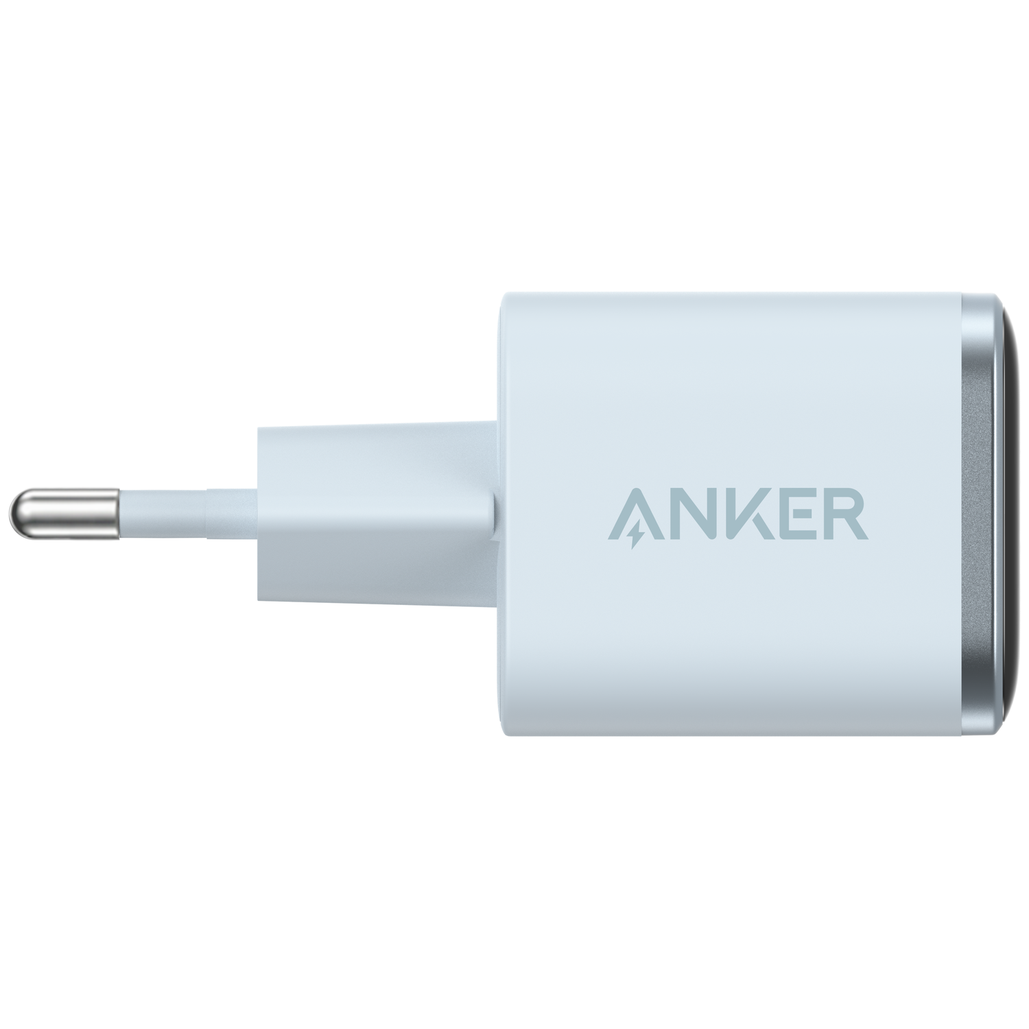 A white Anker charging plug with silver accents and a metal prong.
