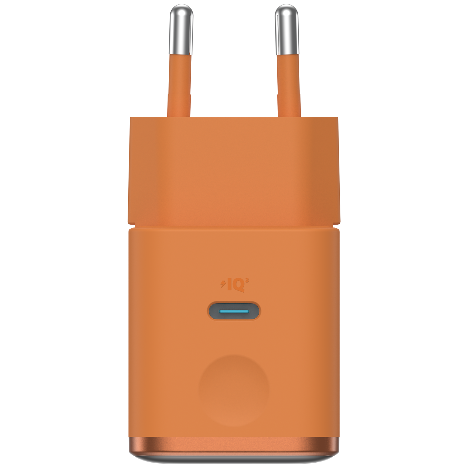 Oranje USB C oplader met twee zilveren stekkers en een blauw indicatielampje.