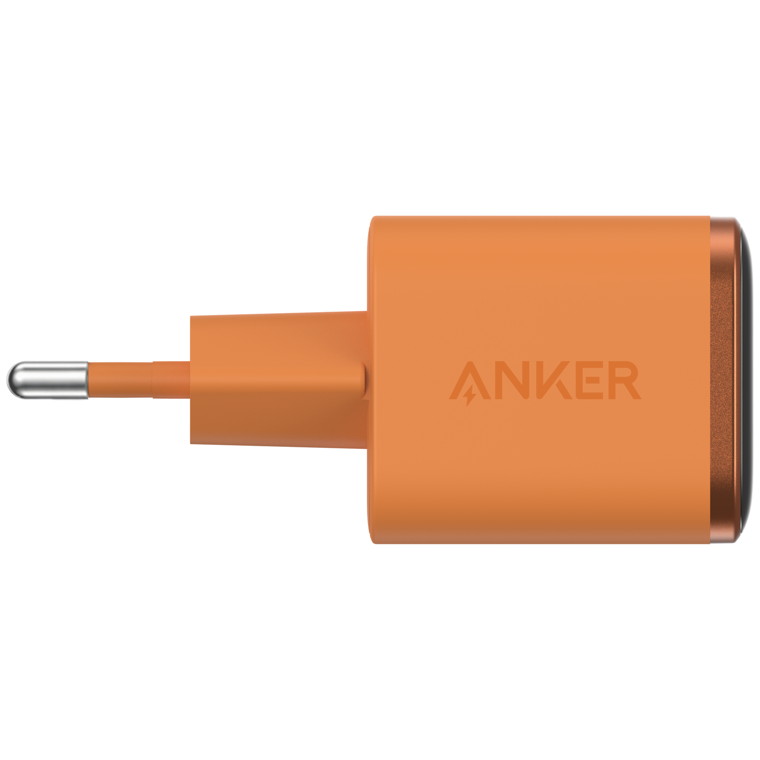 Een oranje Anker opladerstekker met een zilveren pin.