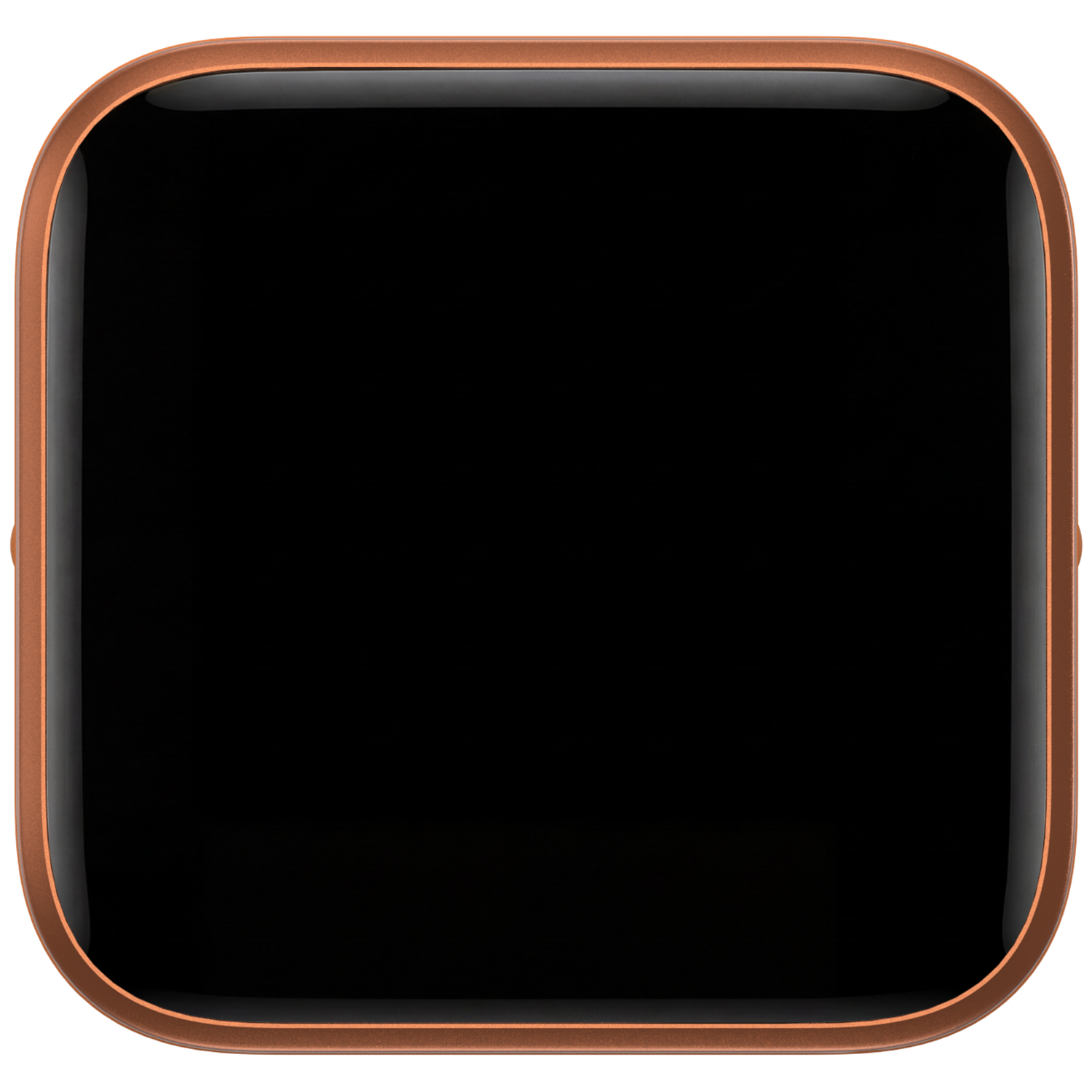 Een vierkante, bronskleurige smartwatch-behuizing met zwart scherm.