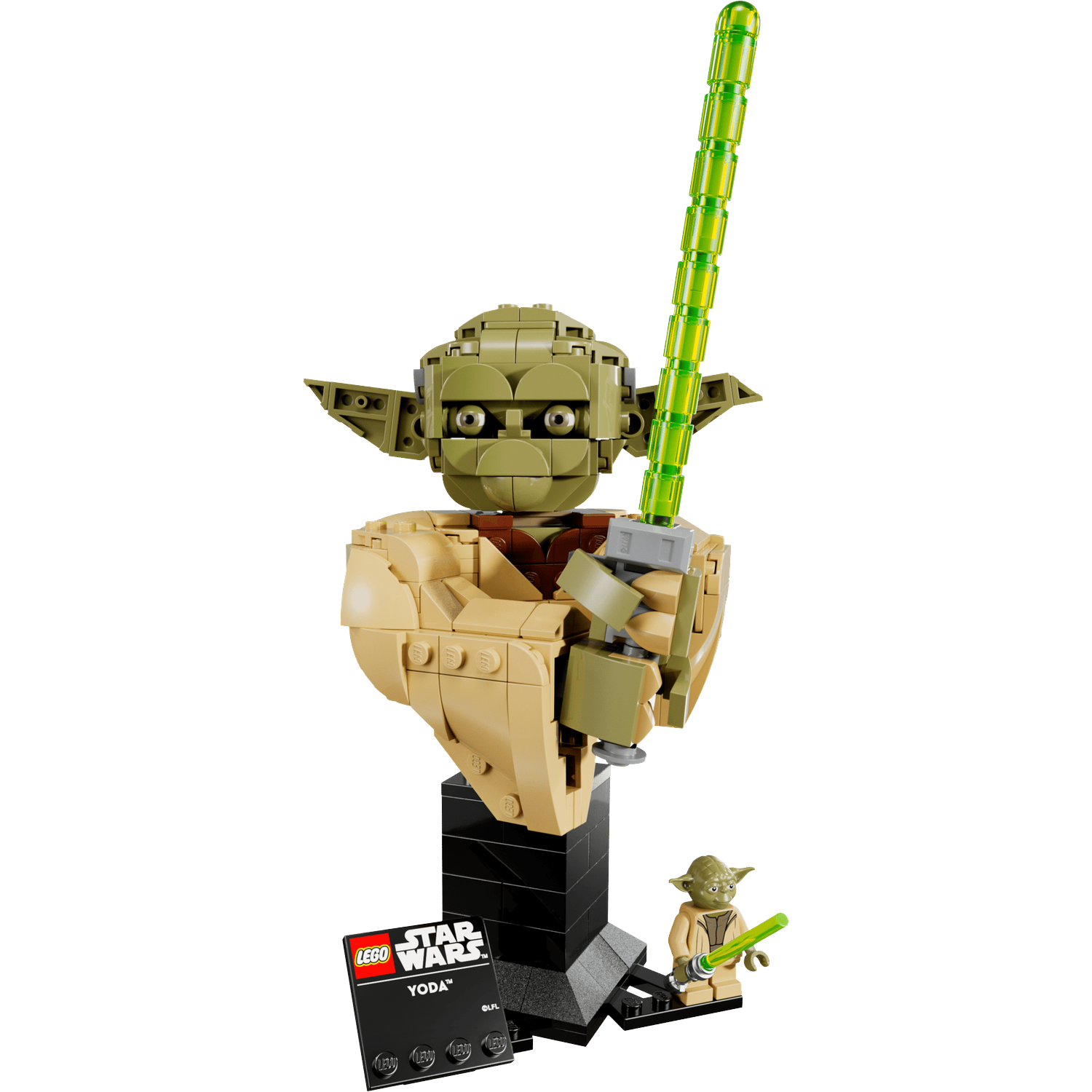 Lego Yoda bust with lightsaber and minifigure on black stand.