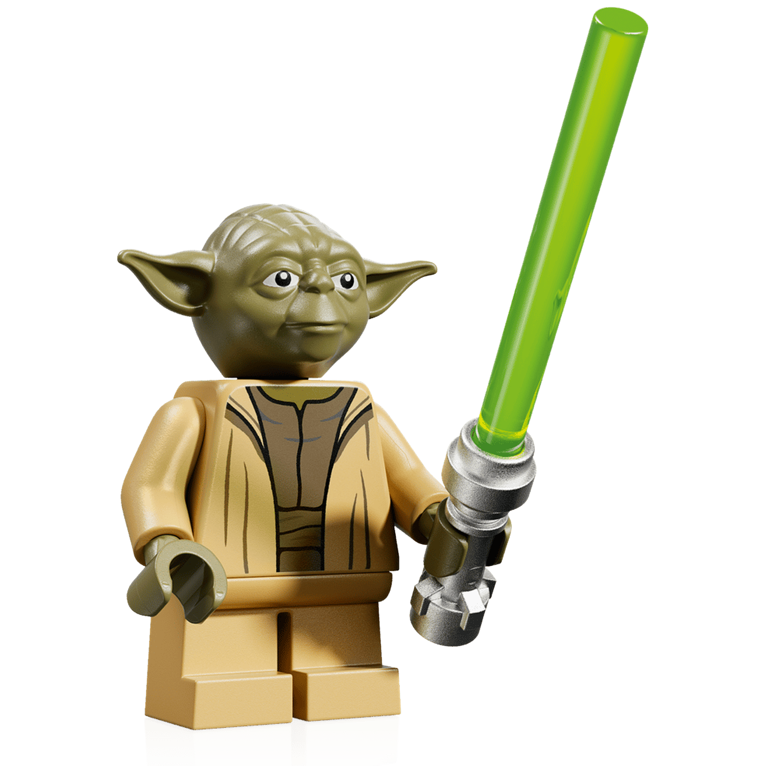 A Lego Yoda holding a green lightsaber against a black background.