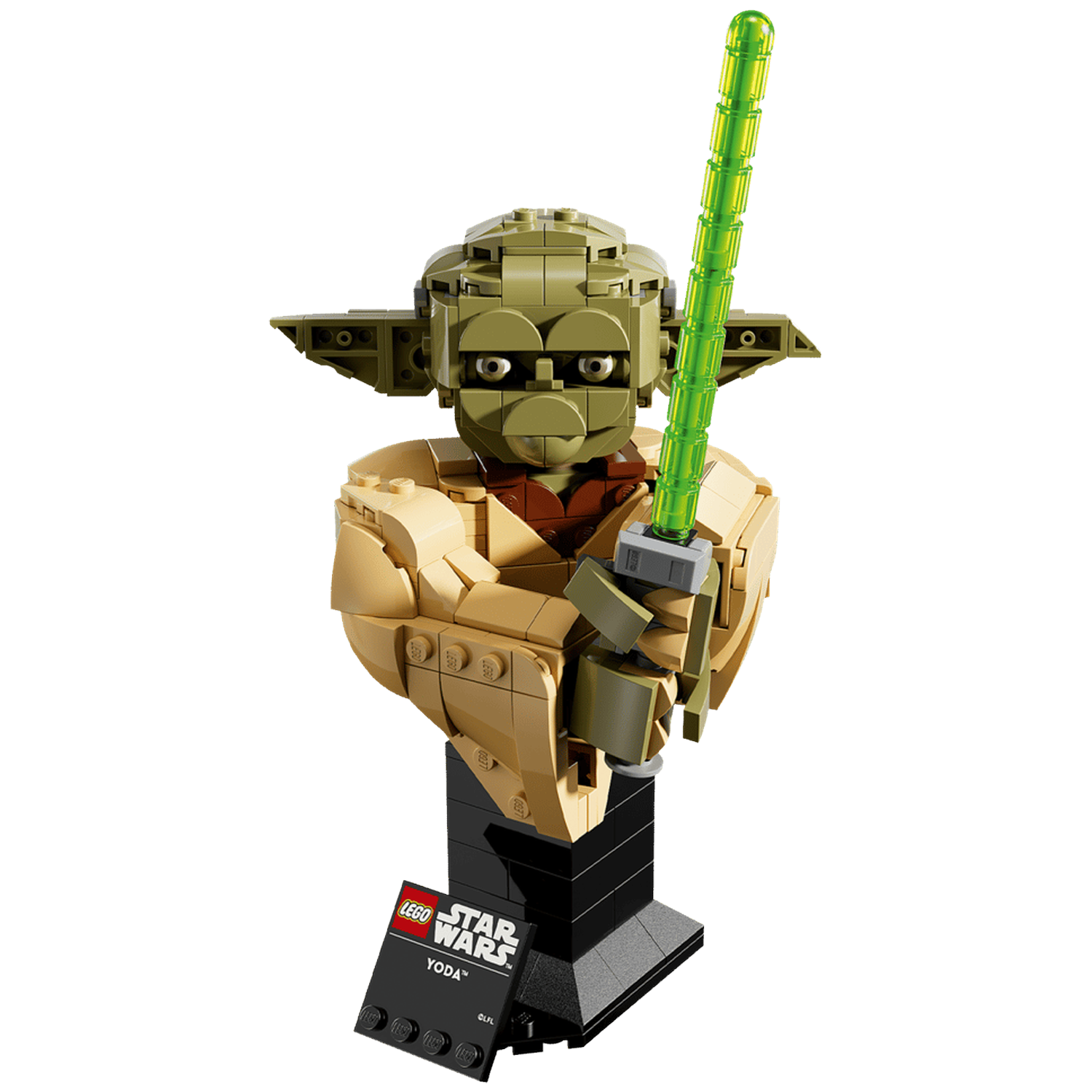 LEGO Yoda bust holding a green lightsaber on a black background.