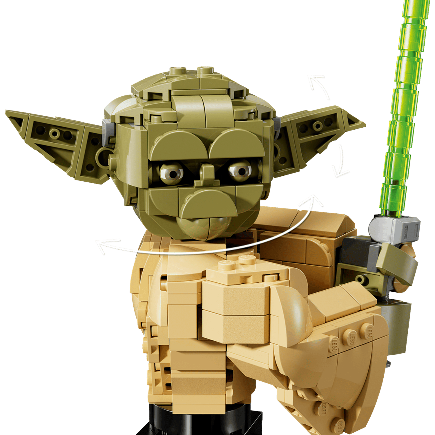 A Lego Yoda model holding a lightsaber, with rotation arrows.
