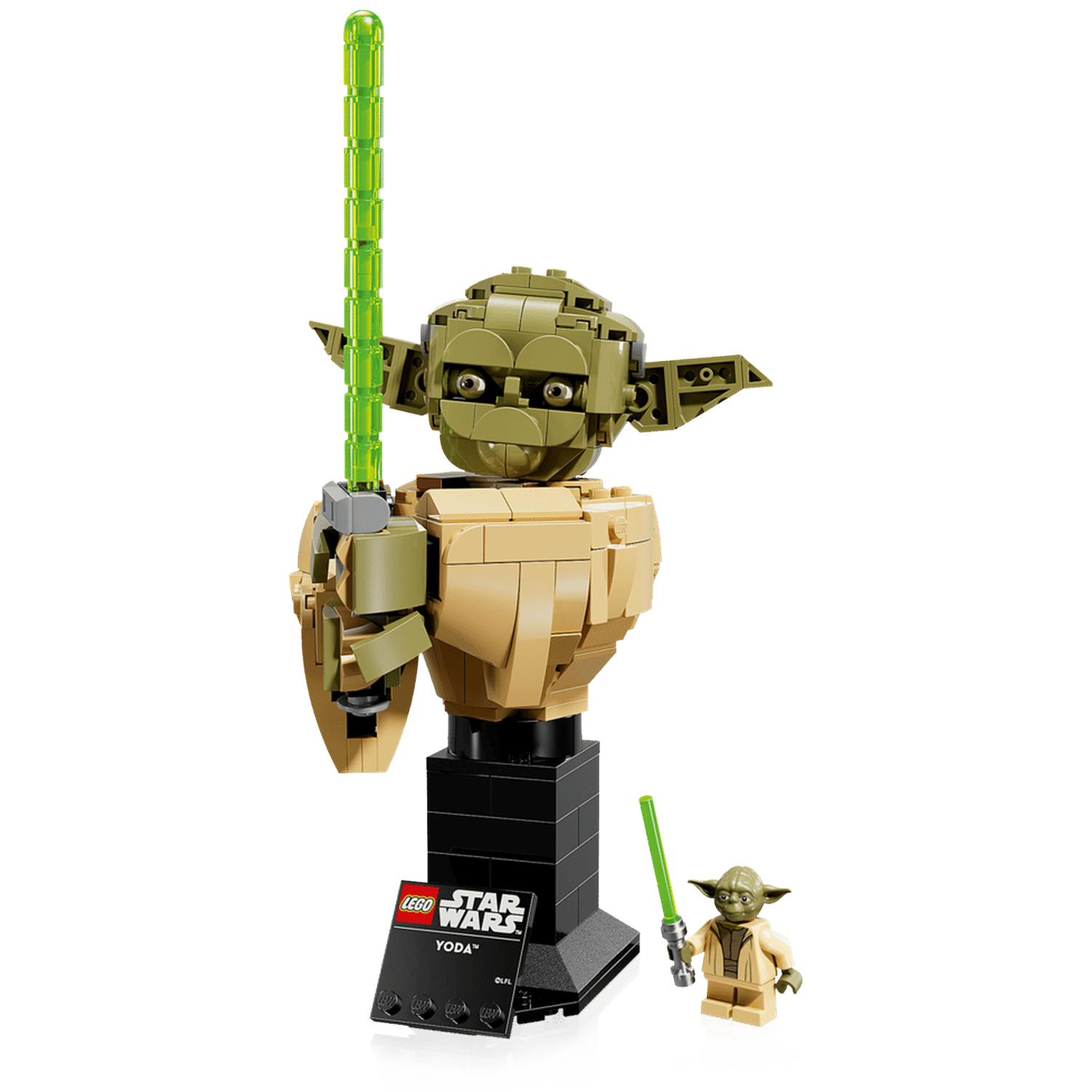Lego Yoda bust with green lightsaber, and small Yoda figure with lightsaber.