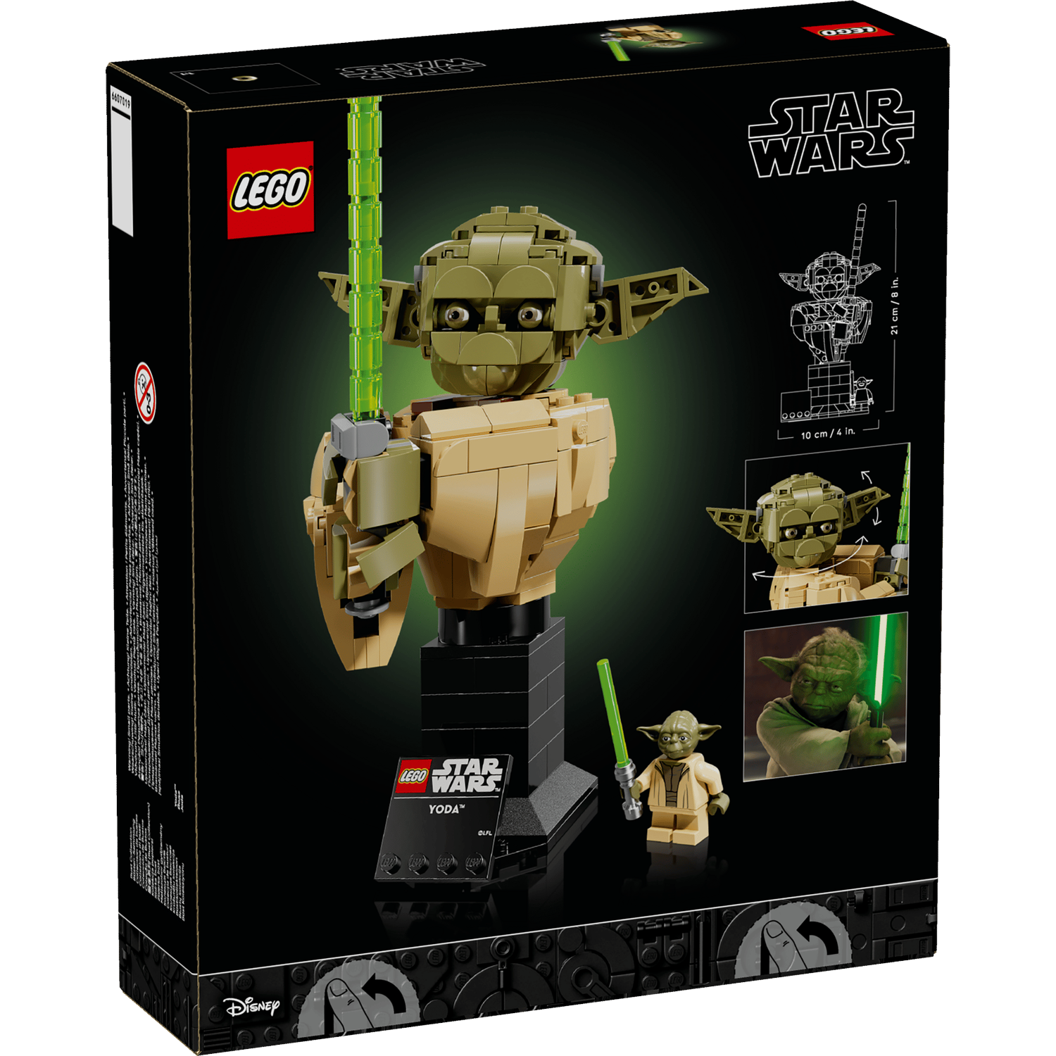 LEGO Star Wars Yoda set on dark box with finished model illustration.