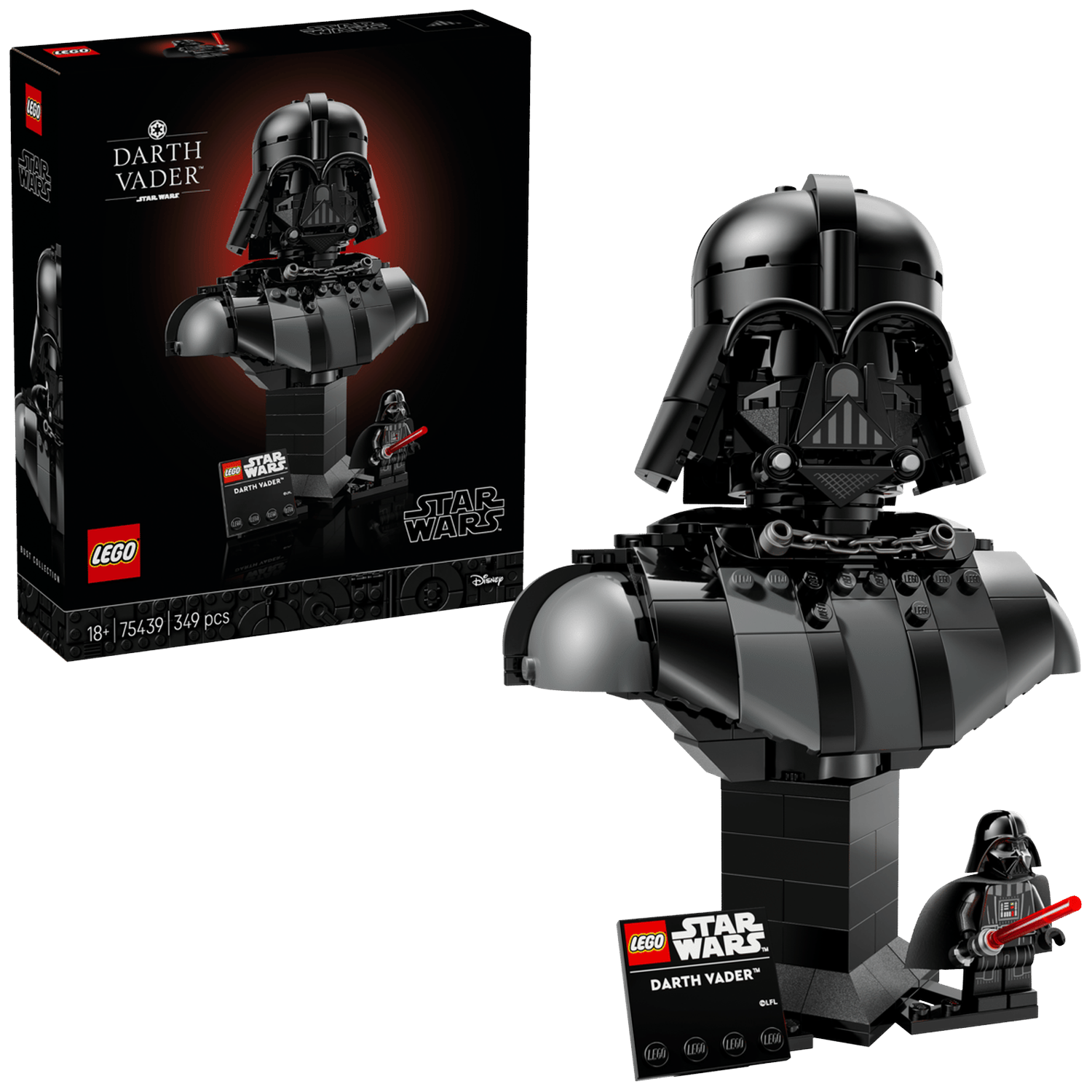 Lego Darth Vader bust and minifigure with red lightsaber on black display.