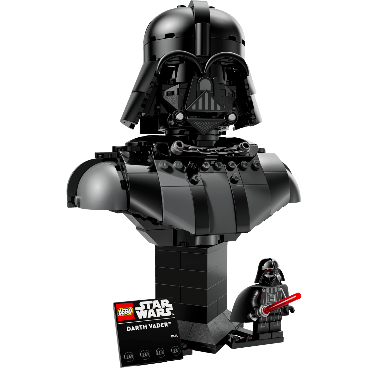 A black Lego Darth Vader bust with minifigure and nameplate.