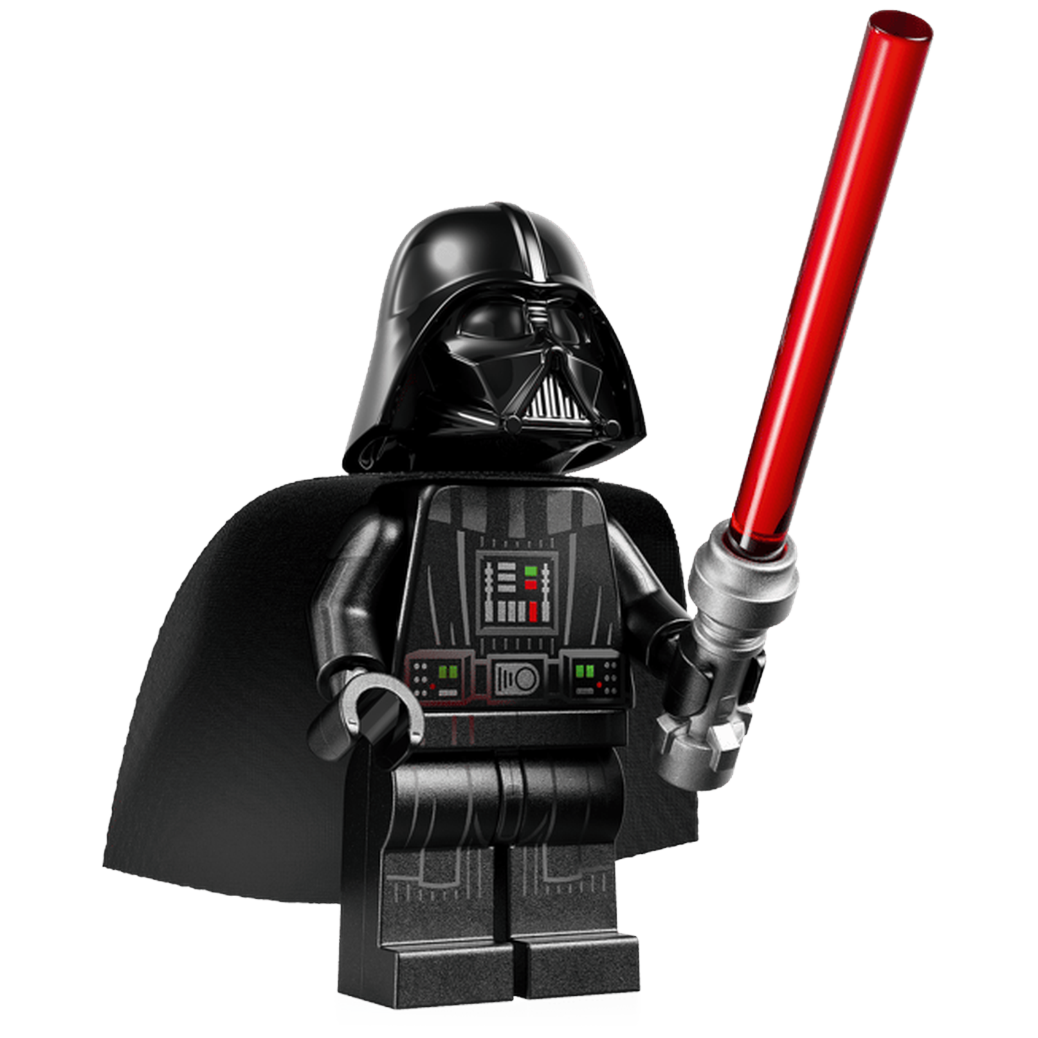 Darth Vader Lego figure holding a red lightsaber against a black background.