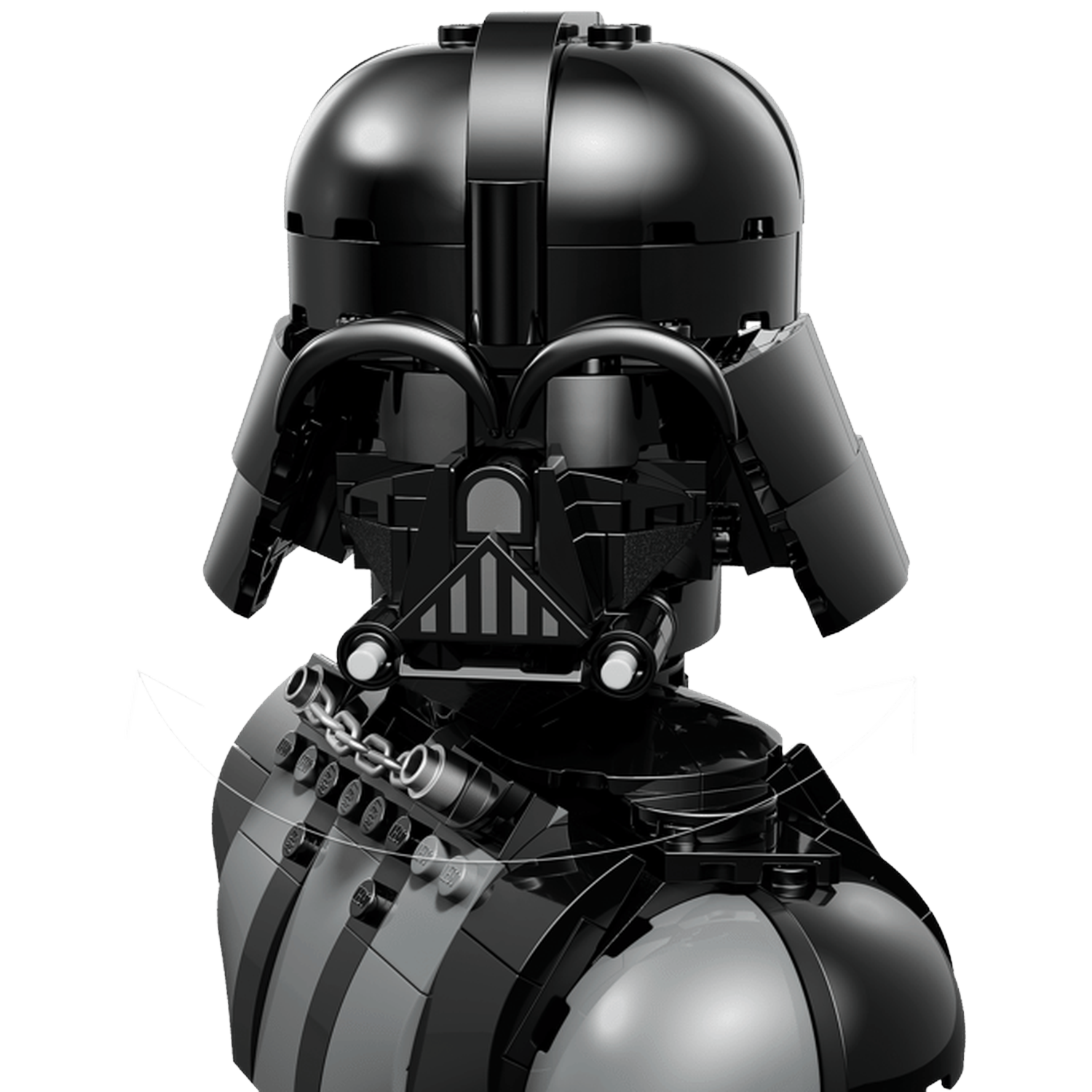 A black Lego model of Darth Vader's head and chest with gray stripes.