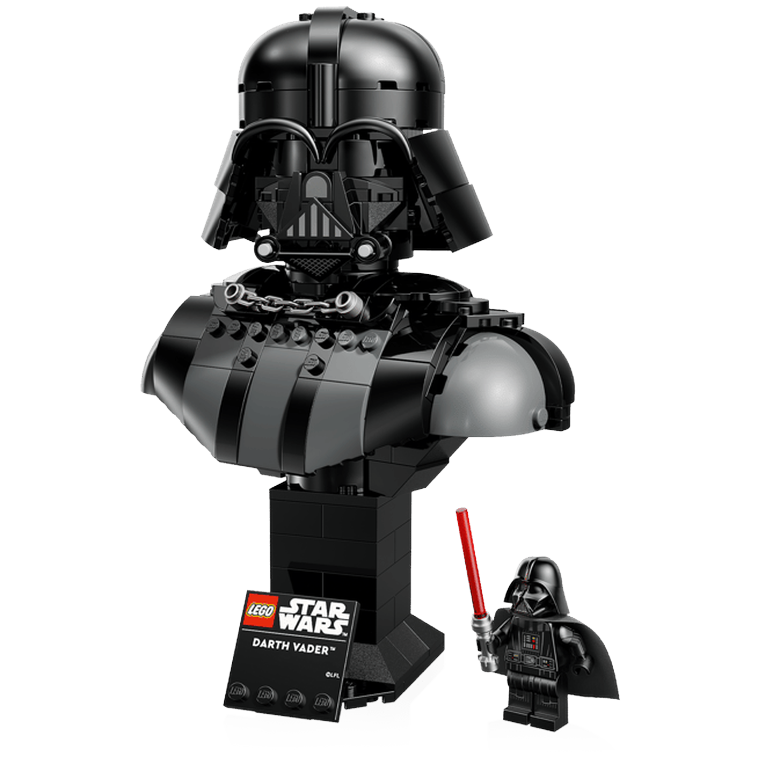 Darth Vader LEGO bust with minifigure. Black helmet, chest armor, and red lightsaber.