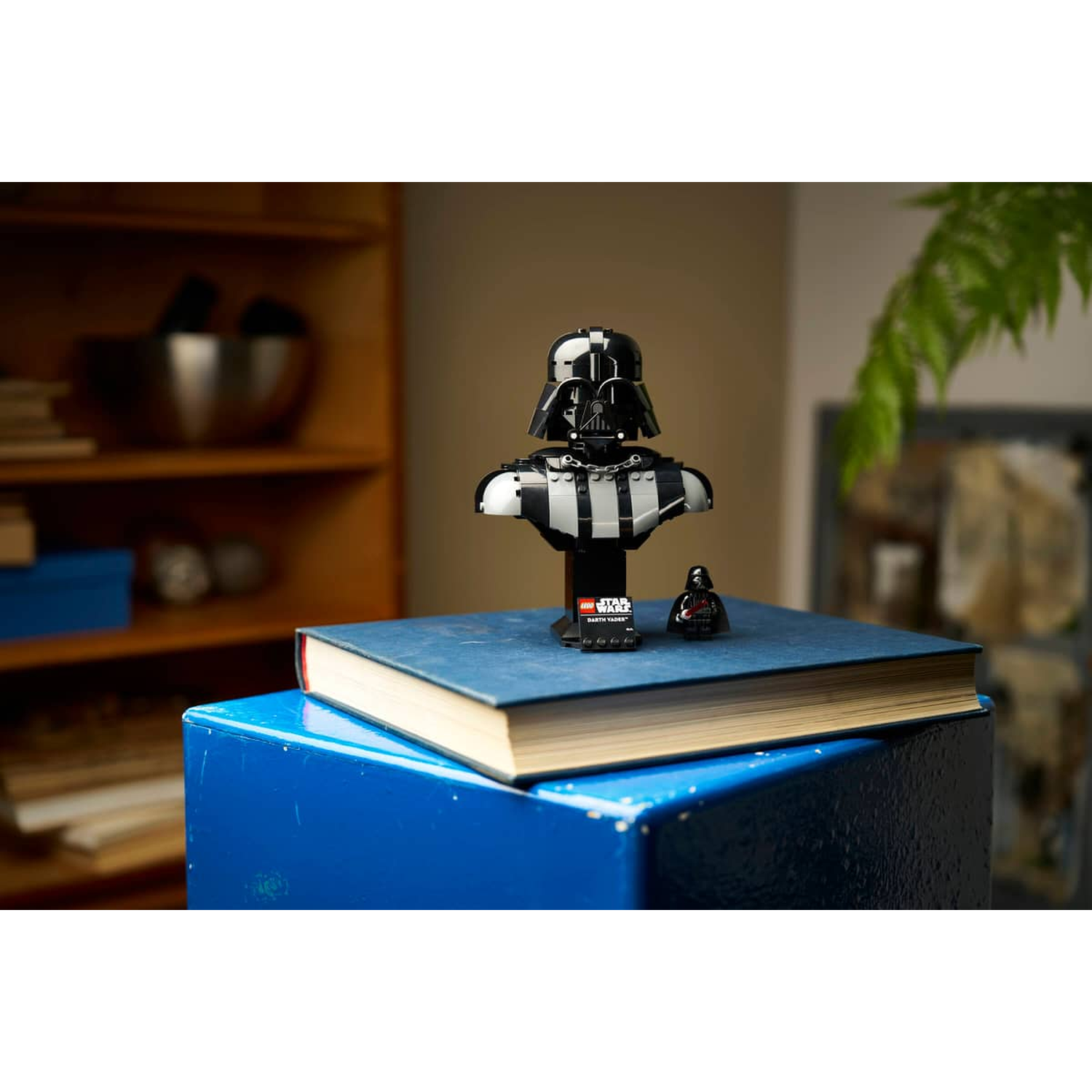 LEGO Darth Vader bust on a blue box with a book. Small figure beside it.