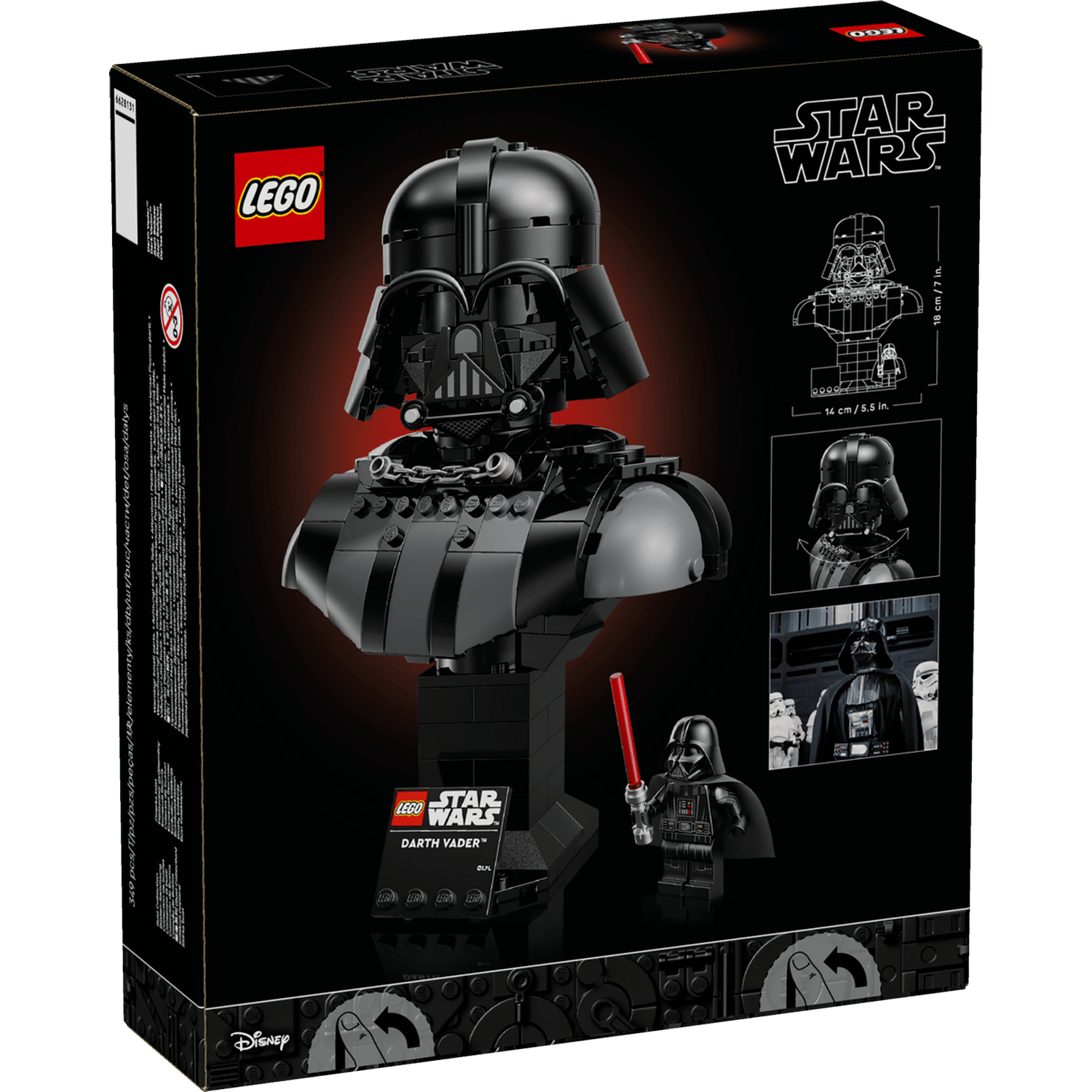 LEGO Star Wars Darth Vader bust and minifigure on black box with product details.