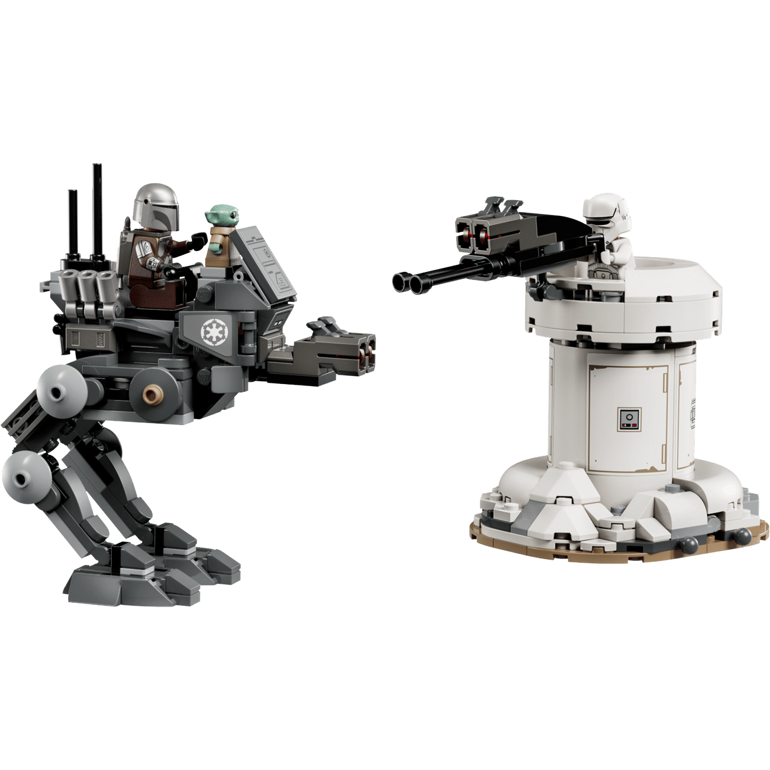A Lego Mandalorian and Grogu ride a walker next to a turret with a Stormtrooper.