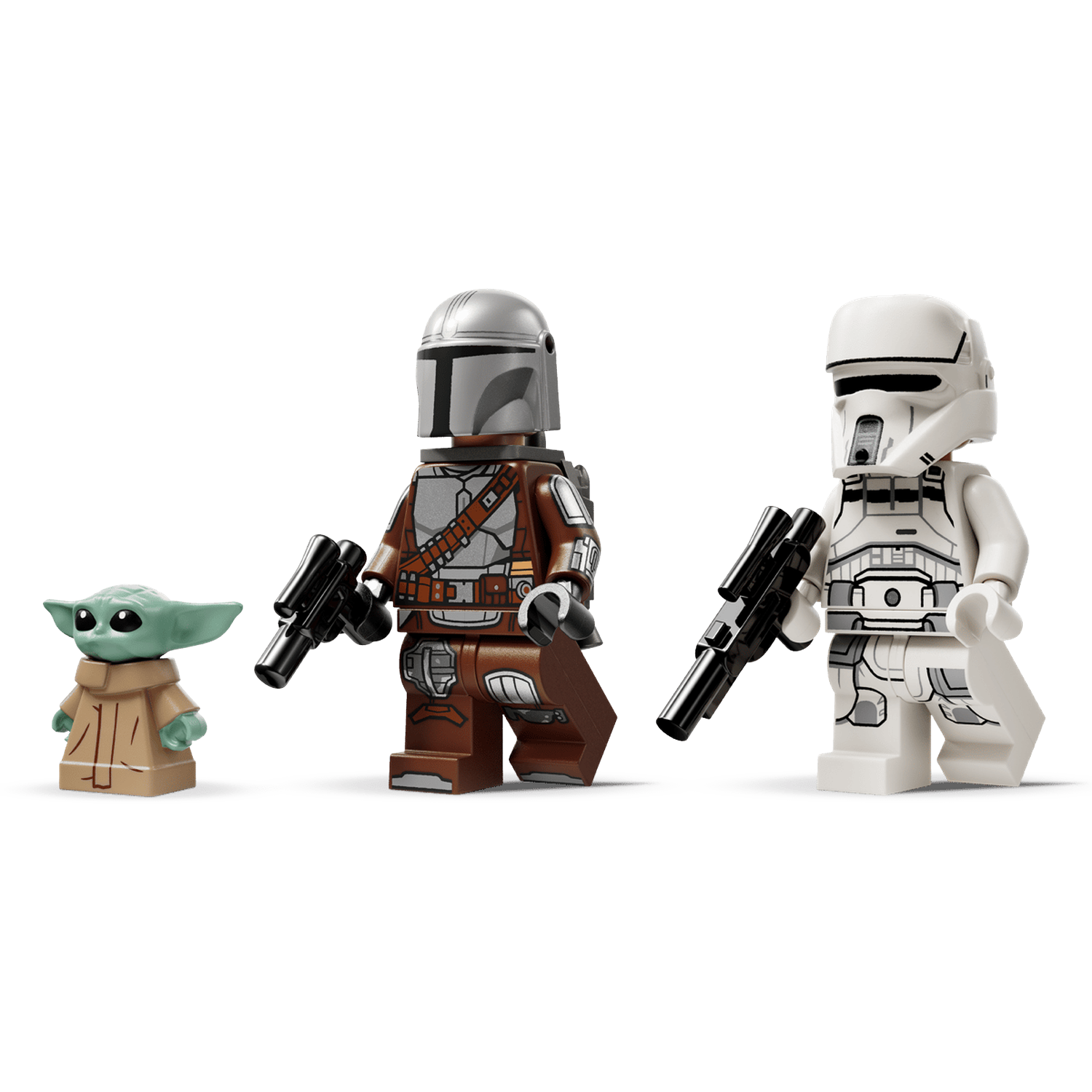 Three Lego figures: Baby Yoda, Mandalorian, and a Stormtrooper with blasters.