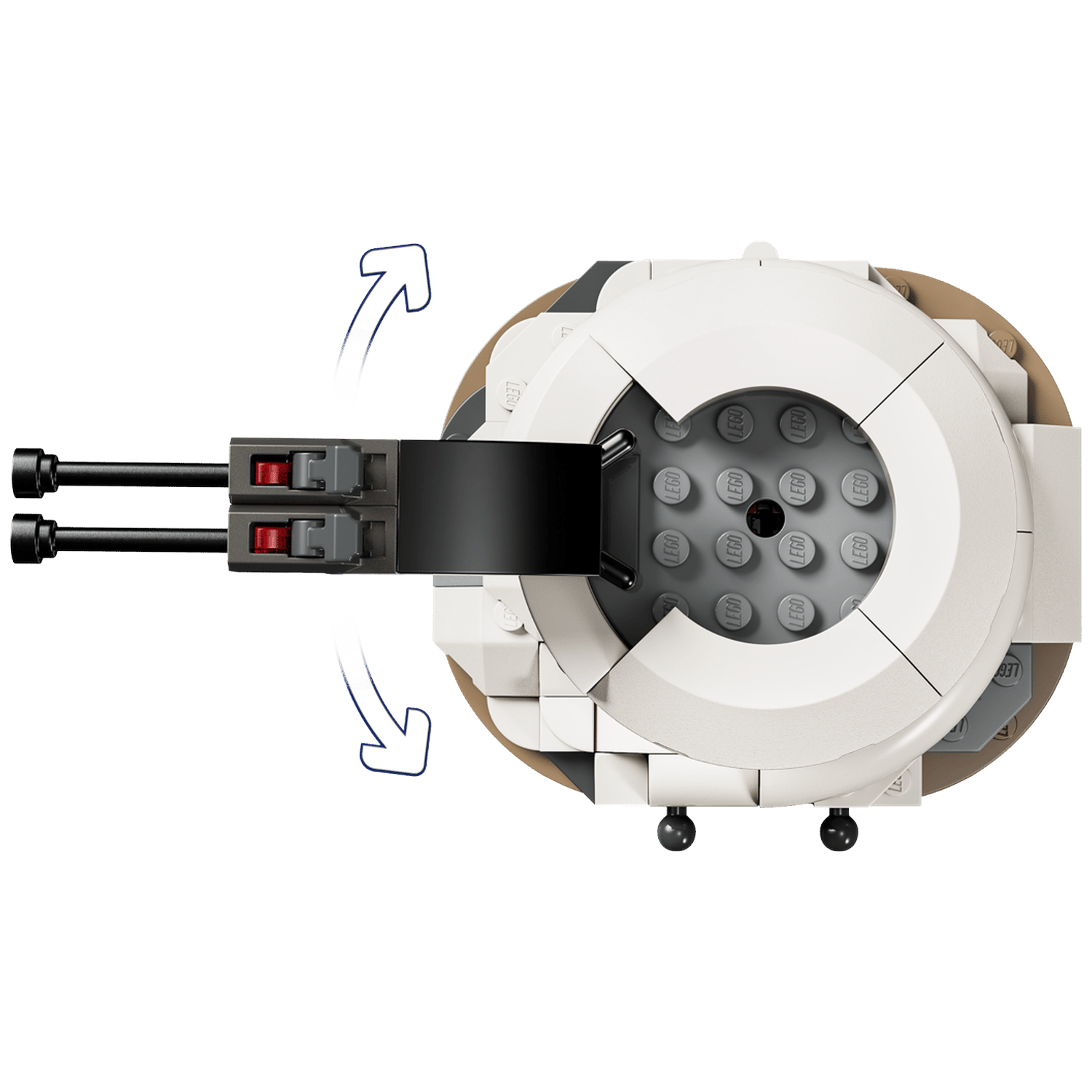 A Lego model featuring two black cannons pointing left, with a white and brown hull.
