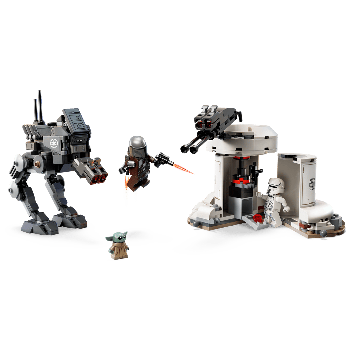 Mandalorian battles AT-ST walker and Imperial outpost with Grogu and stormtrooper.