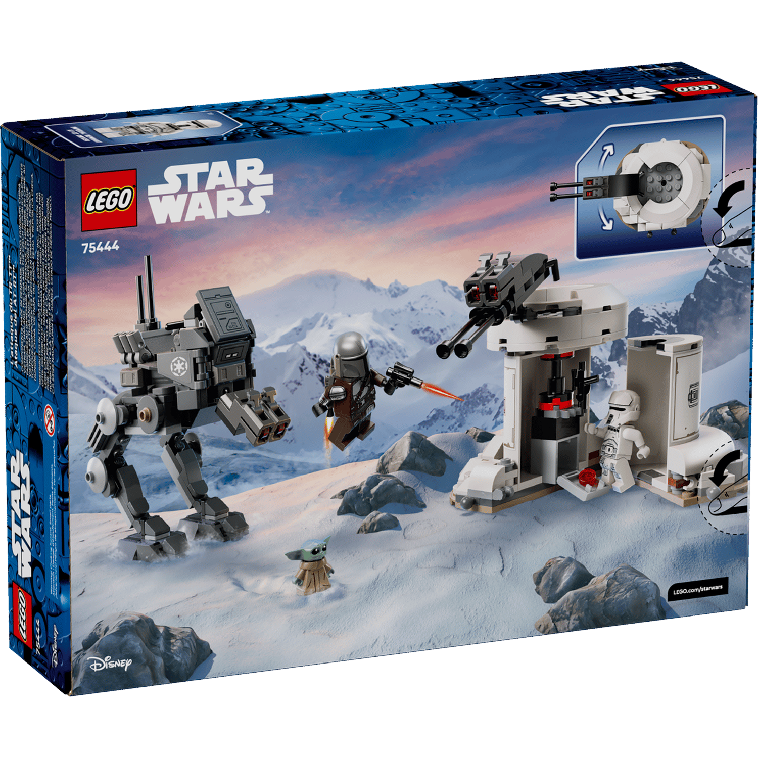 Lego Star Wars AT-ST walker, Mandalorian, Grogu, and stormtrooper on snowy terrain.