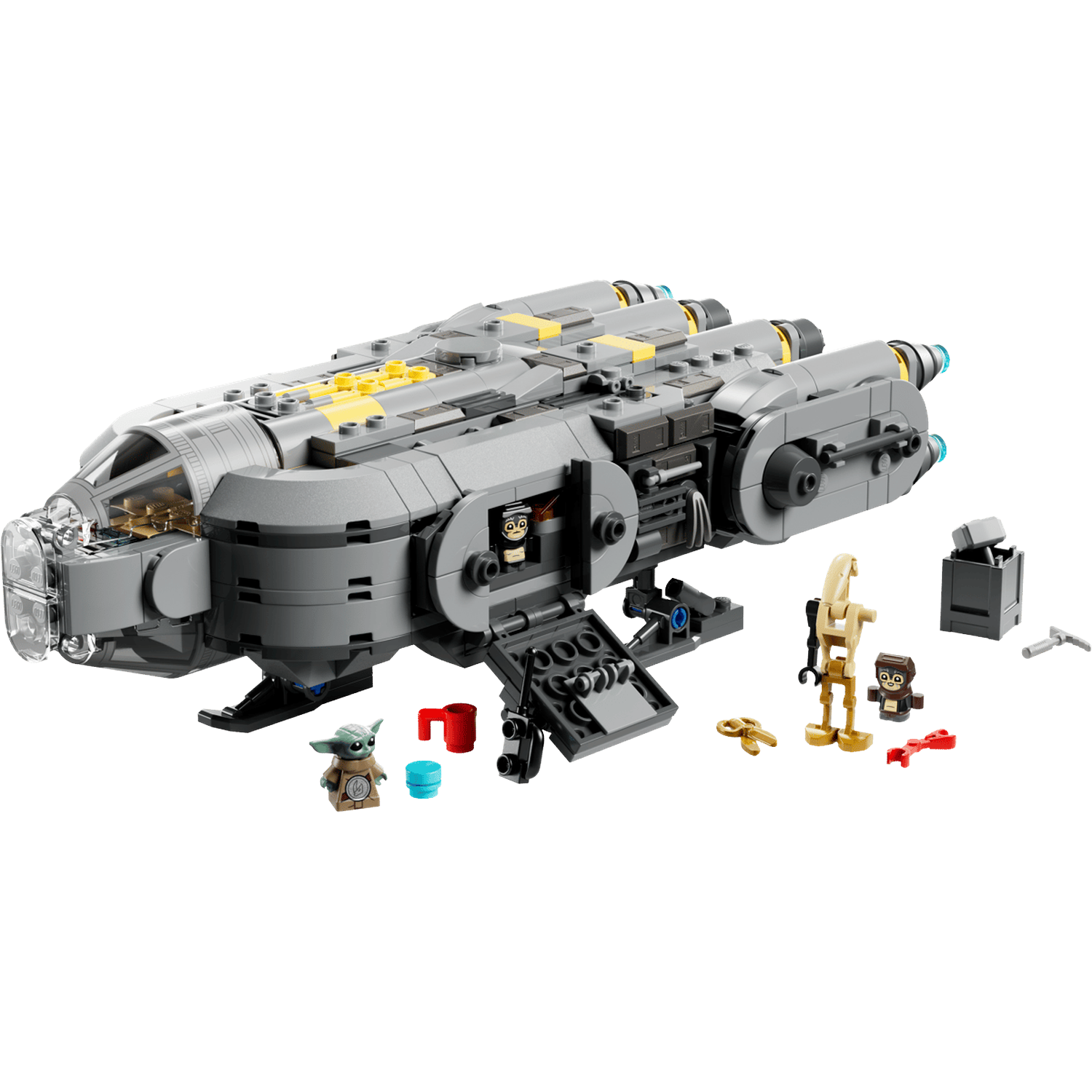 Gray spaceship model with yellow accents, figures of Grogu, droid, and accessories on black.