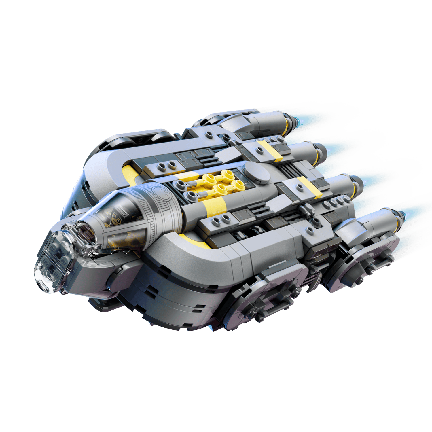 Gray spaceship with yellow accents flying against a black background.