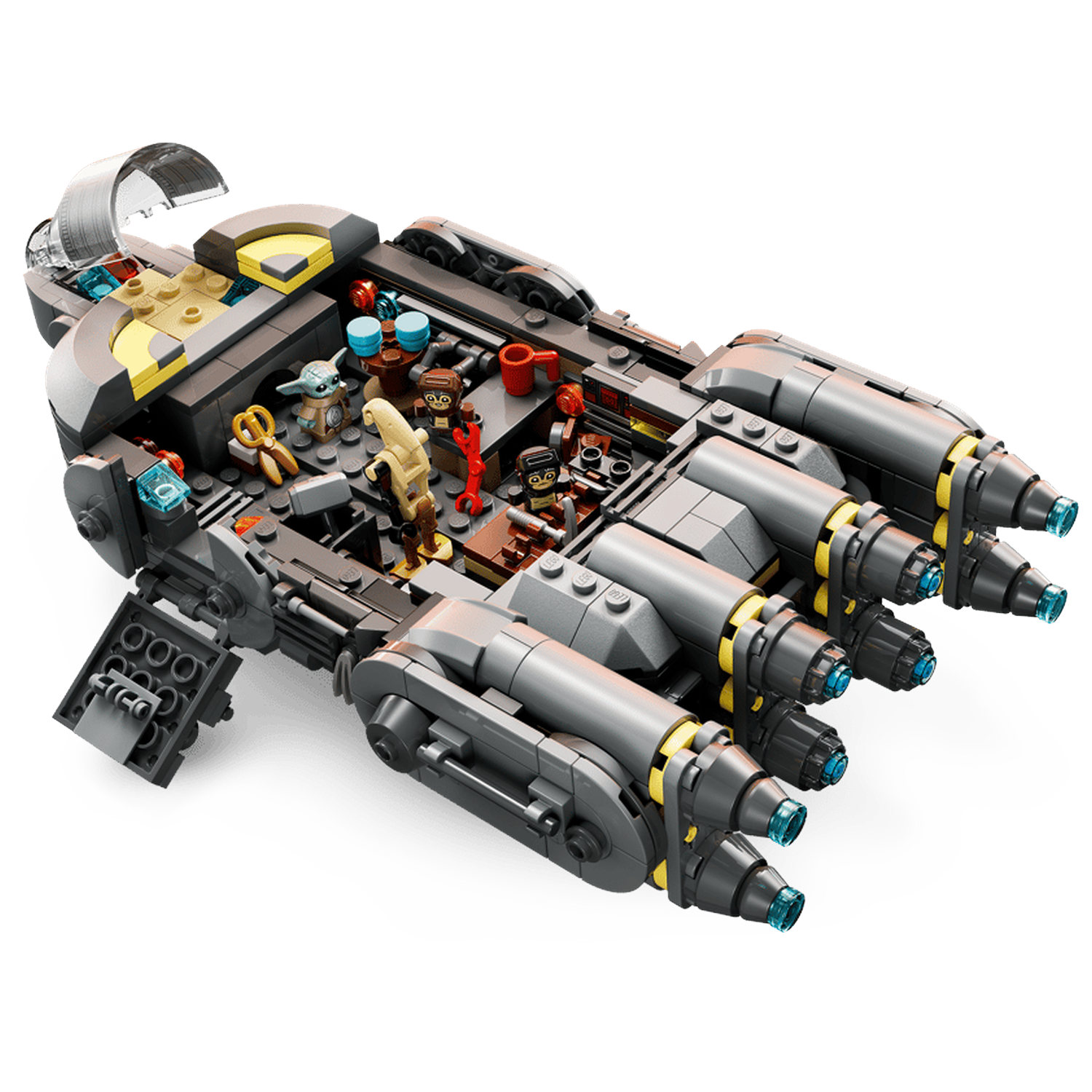 Gray spaceship model with figures and transparent cockpit on a black background.
