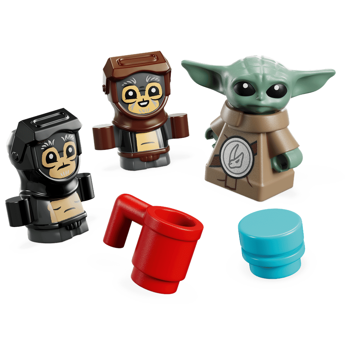 Four Star Wars figures, a red mug, and a blue cylinder on a black background.