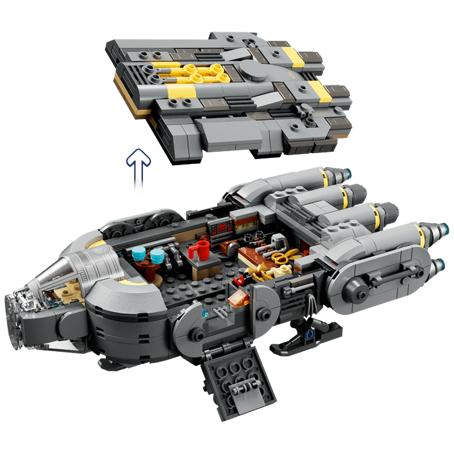 Gray Lego spaceship with yellow accents, open to show interior details.