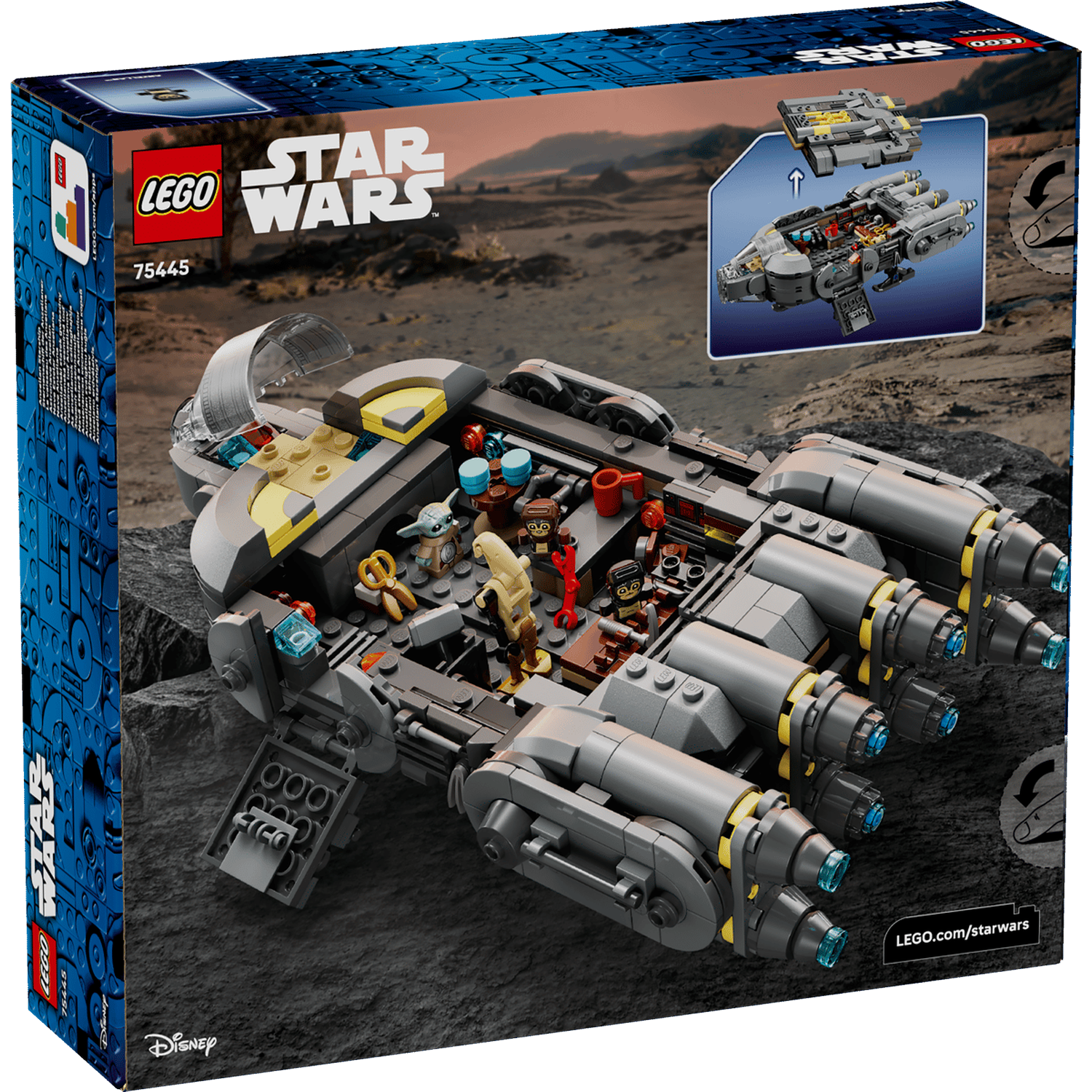 A Lego Star Wars spaceship with figures on a rocky surface.