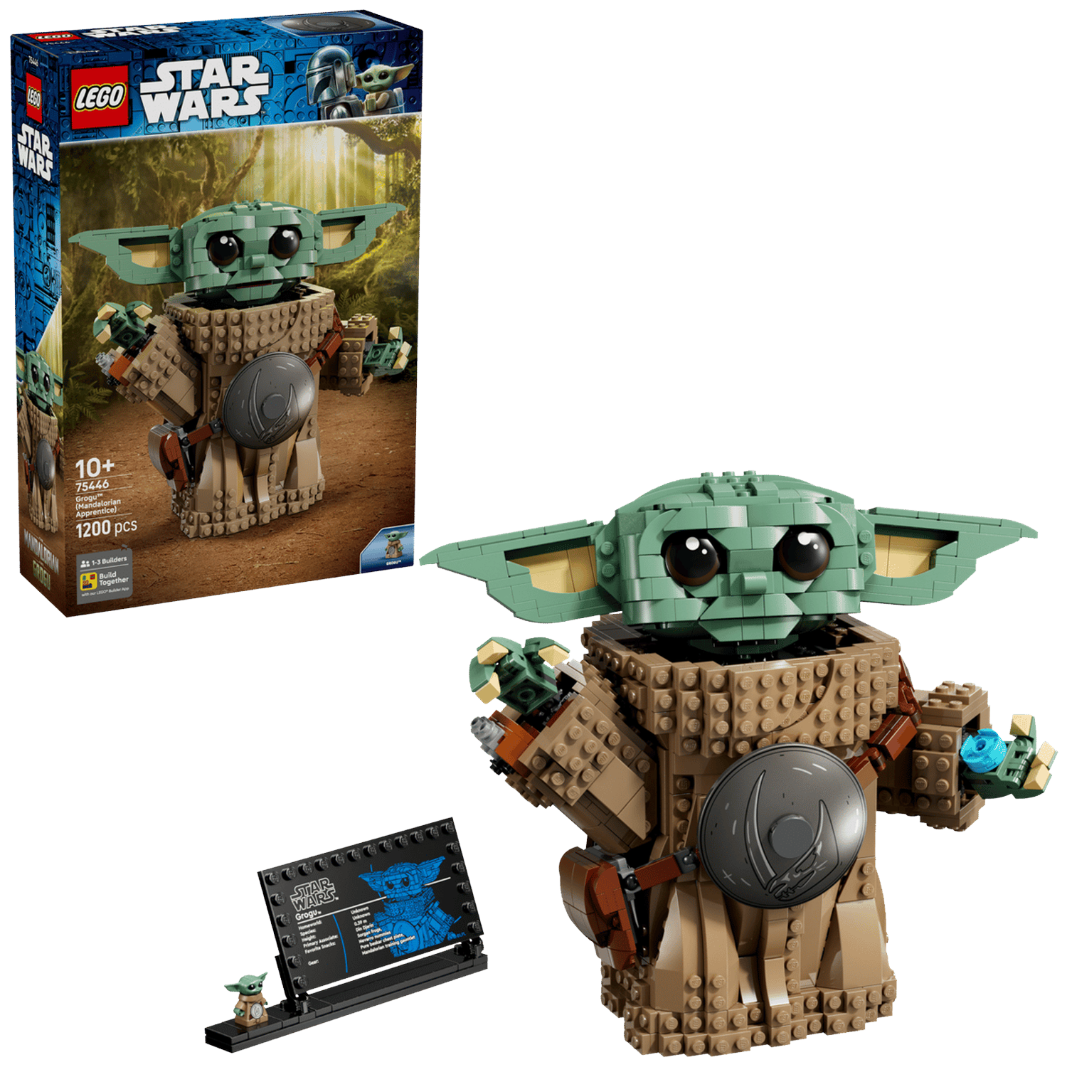 LEGO Star Wars Grogu-set met doos en accessoires. Houdt een blauw element vast.