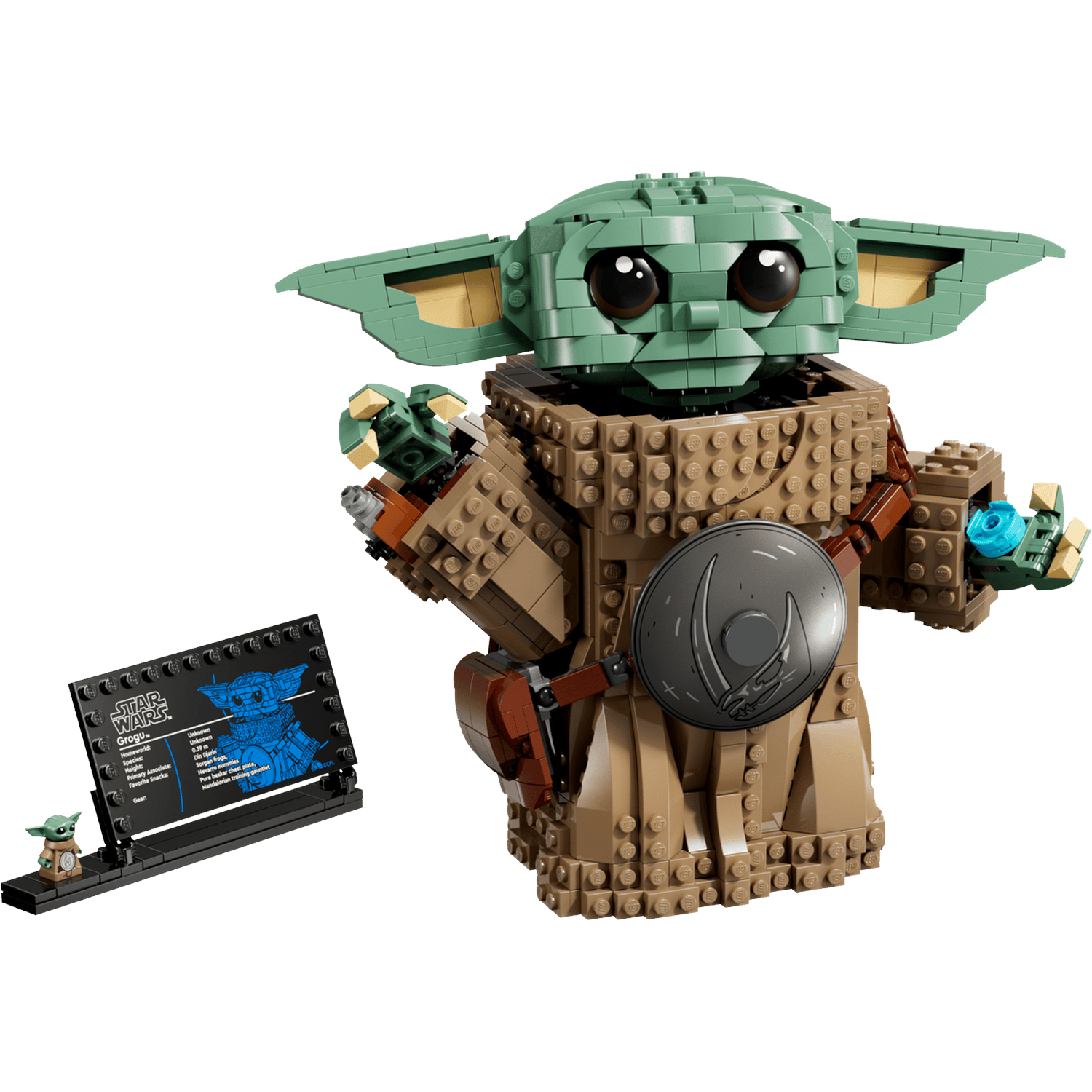 Lego-reconstructie van Grogu met informatiepaneel en klein figuurtje.
