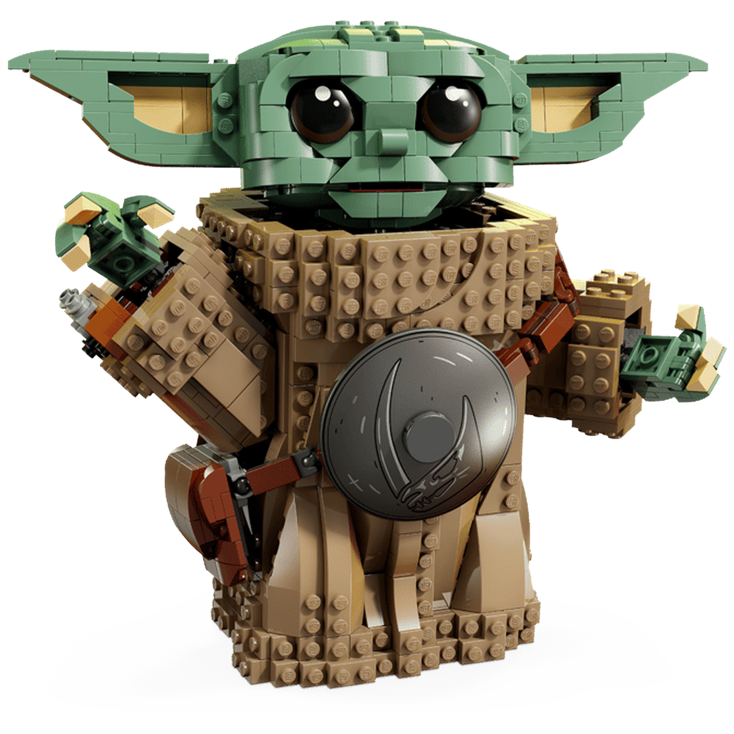 Een Lego-model van Baby Yoda met grote oren en een bruine robe.
