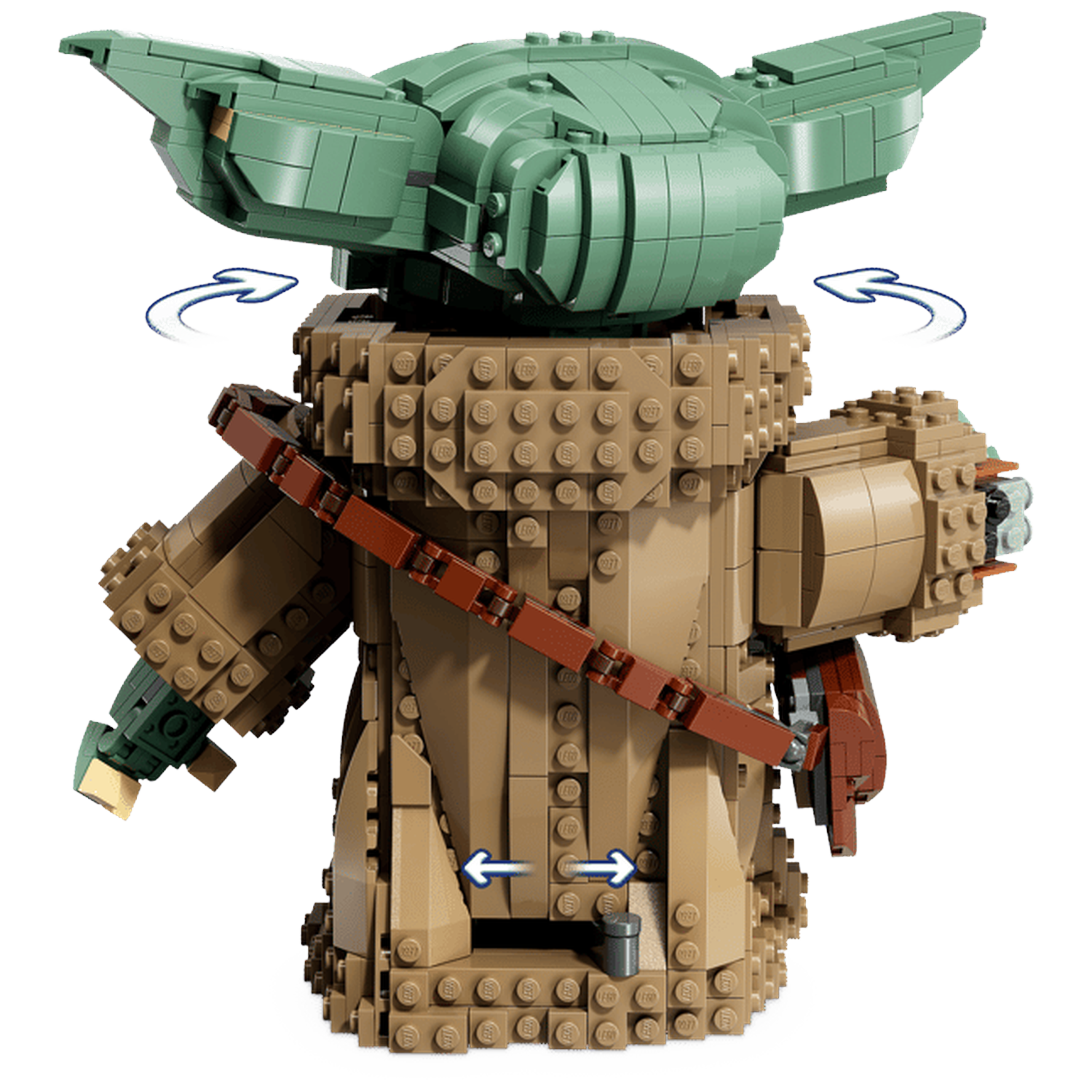 Een bruine en groene Lego-sculptuur van Yoda's hoofd en bovenlichaam.