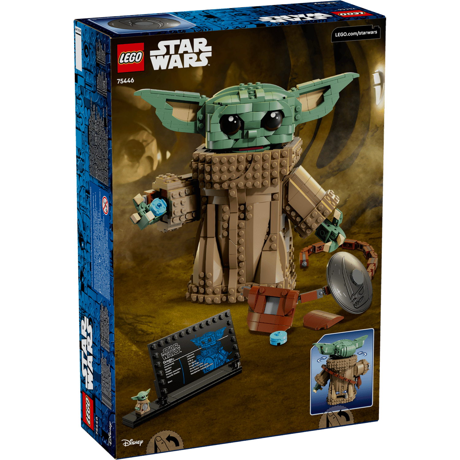 Lego Star Wars Grogu model op een doos, met displaystandaard en accessoires.