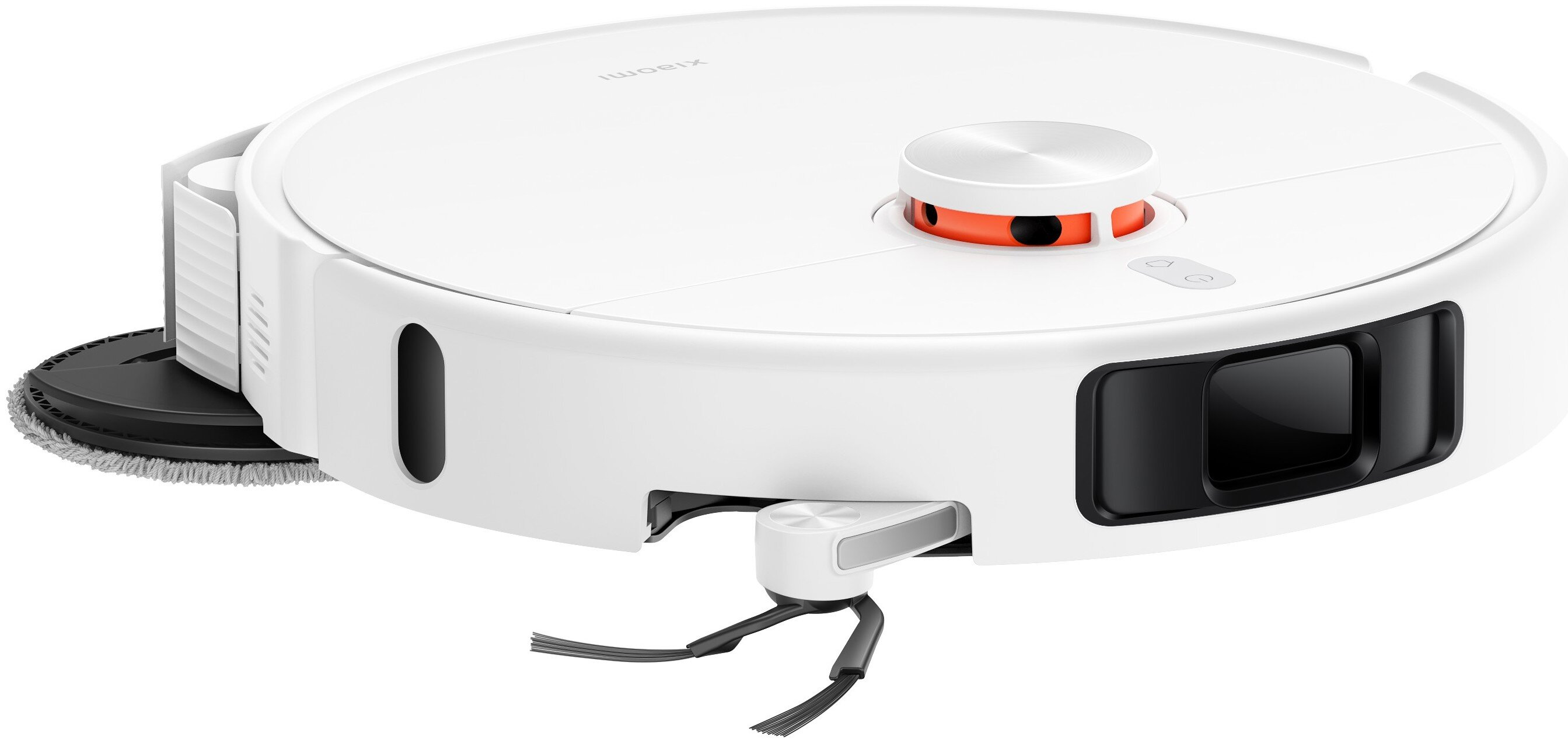 Biały robot sprzątający z pomarańczowymi akcentami i obrotowymi szczotkami.