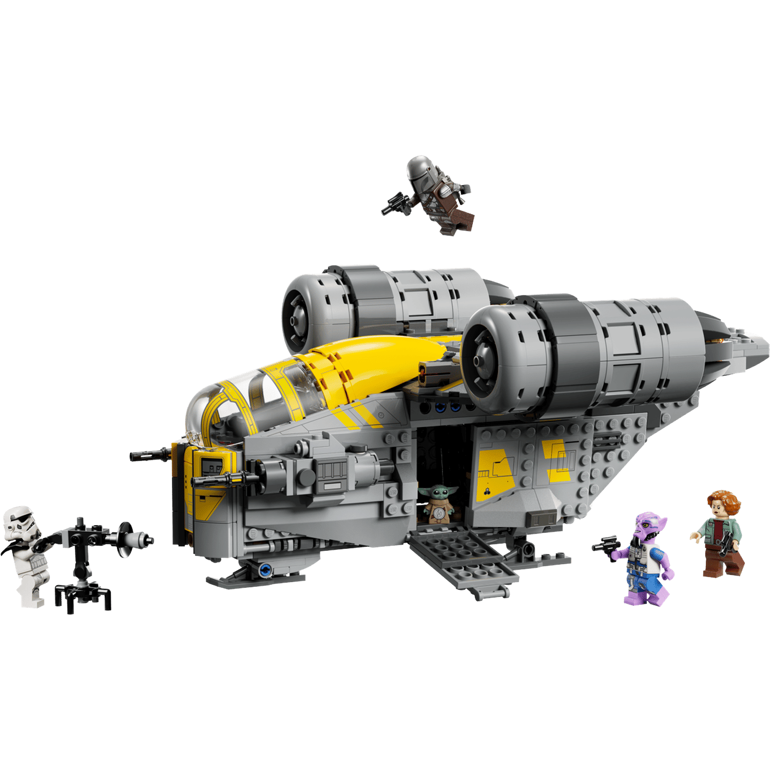 A grey spaceship with yellow accents, with figures in front and beside it.
