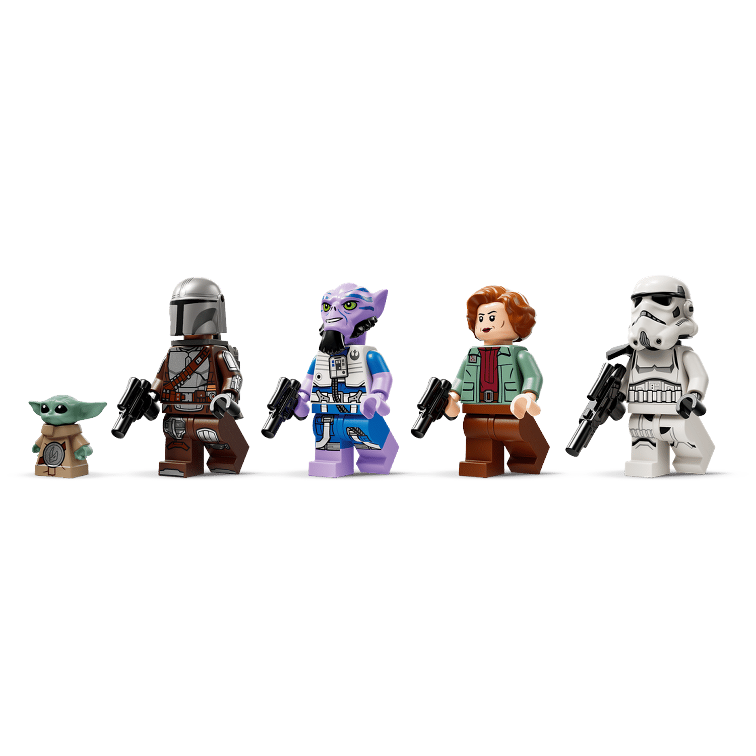Five Lego figures: Grogu, Mandalorian, purple alien, woman, and stormtrooper.