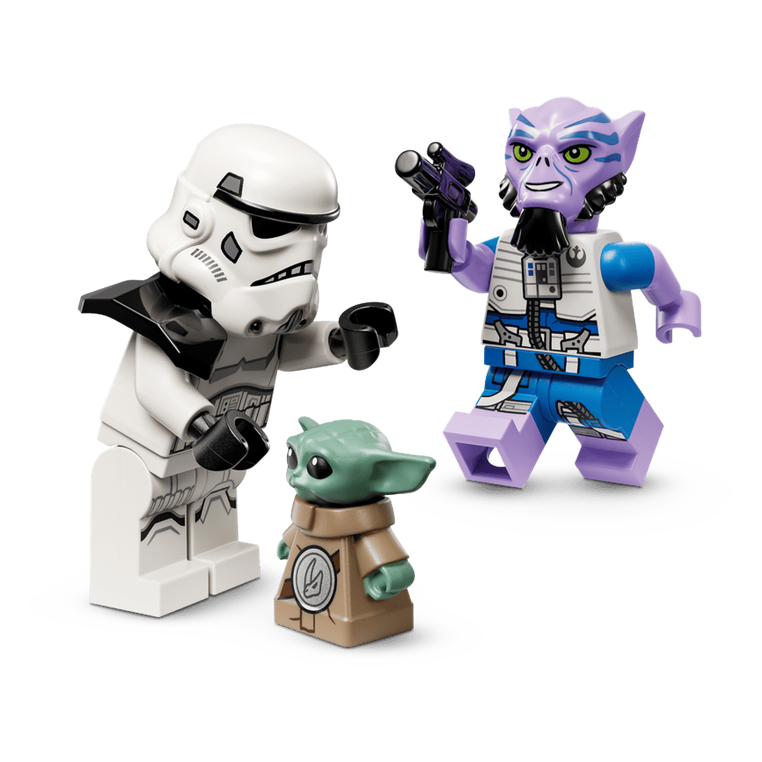A Stormtrooper, Grogu, and a purple alien with a gun on a black background.