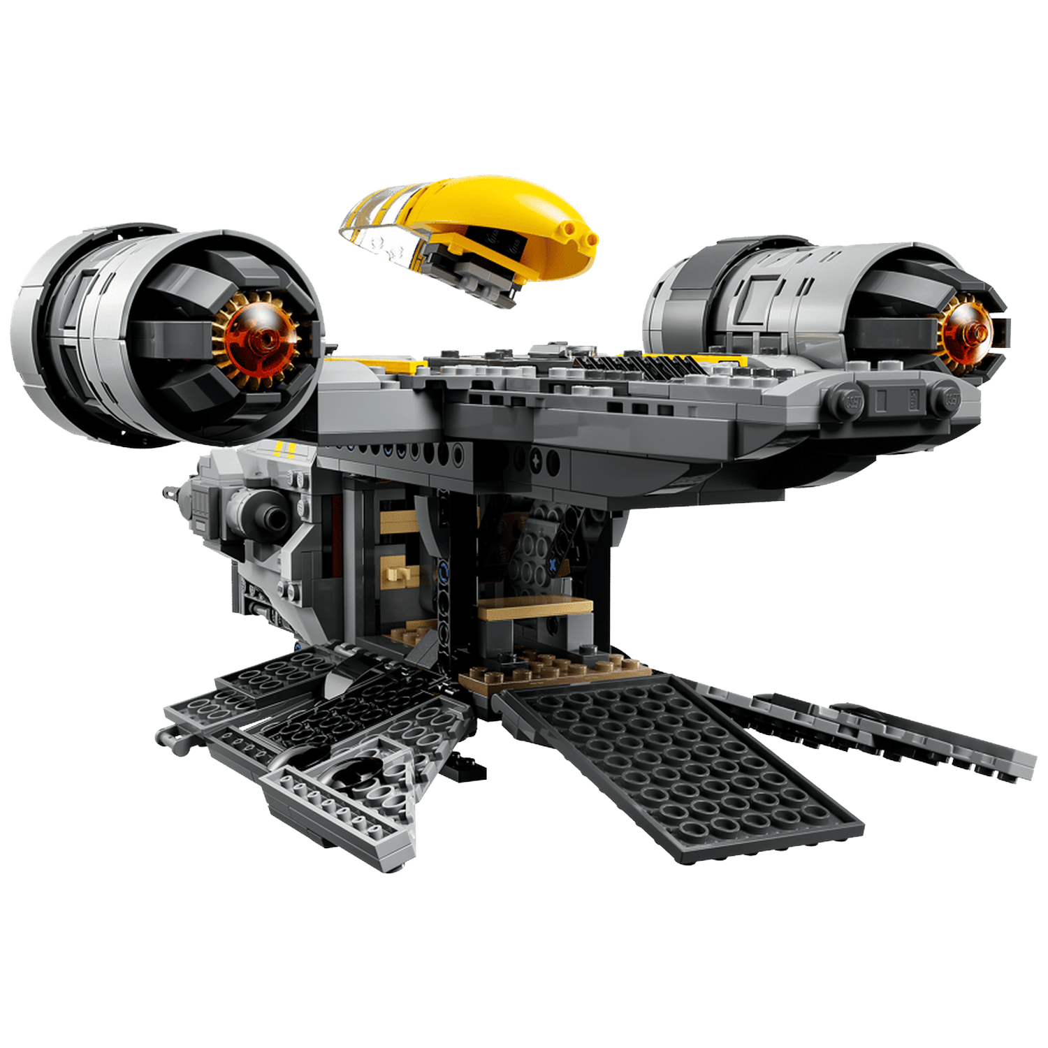 A grey Lego spaceship with a yellow pod, open ramps, and orange engines.