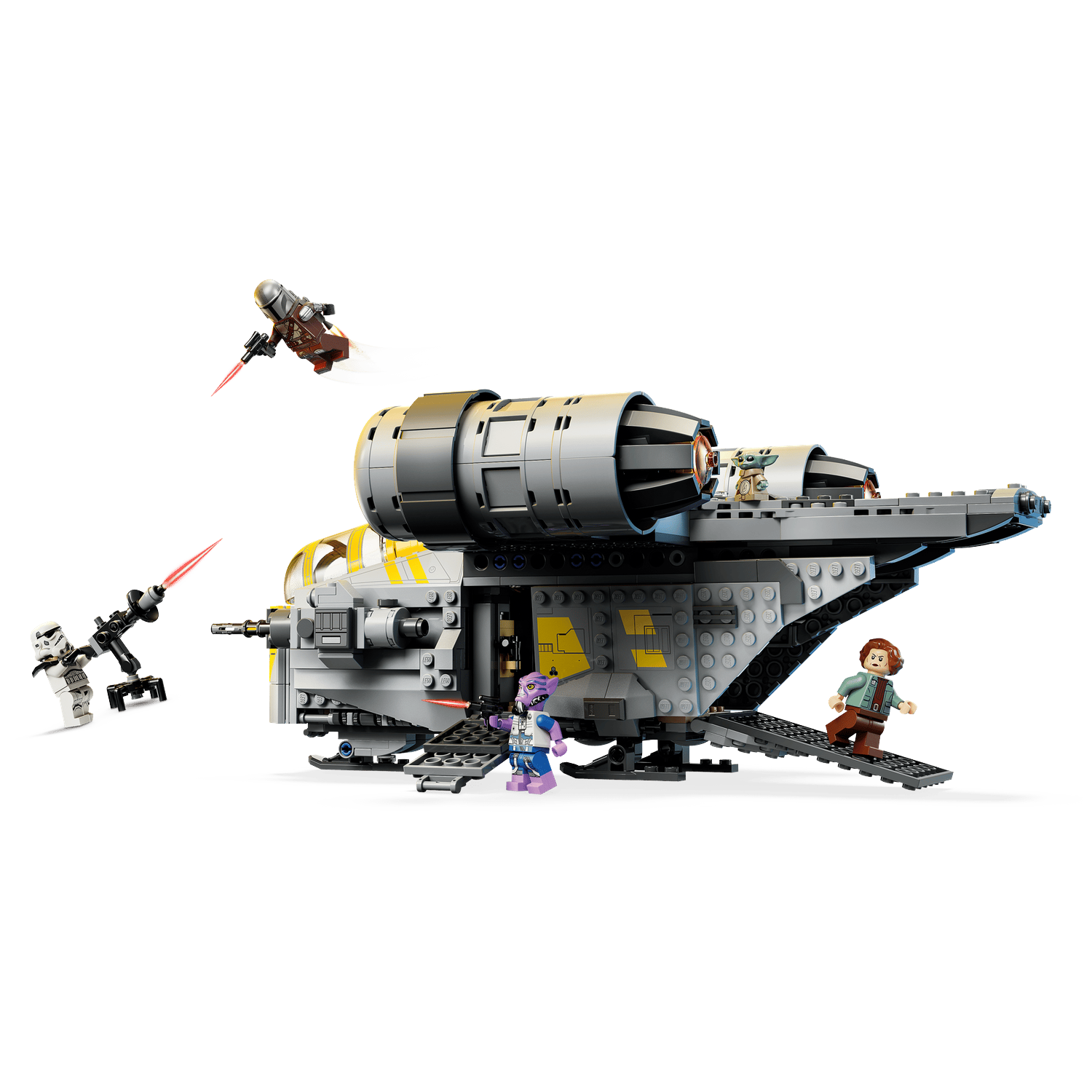 Lego spaceship with figures including Mandalorian, Grogu, Stormtrooper.
