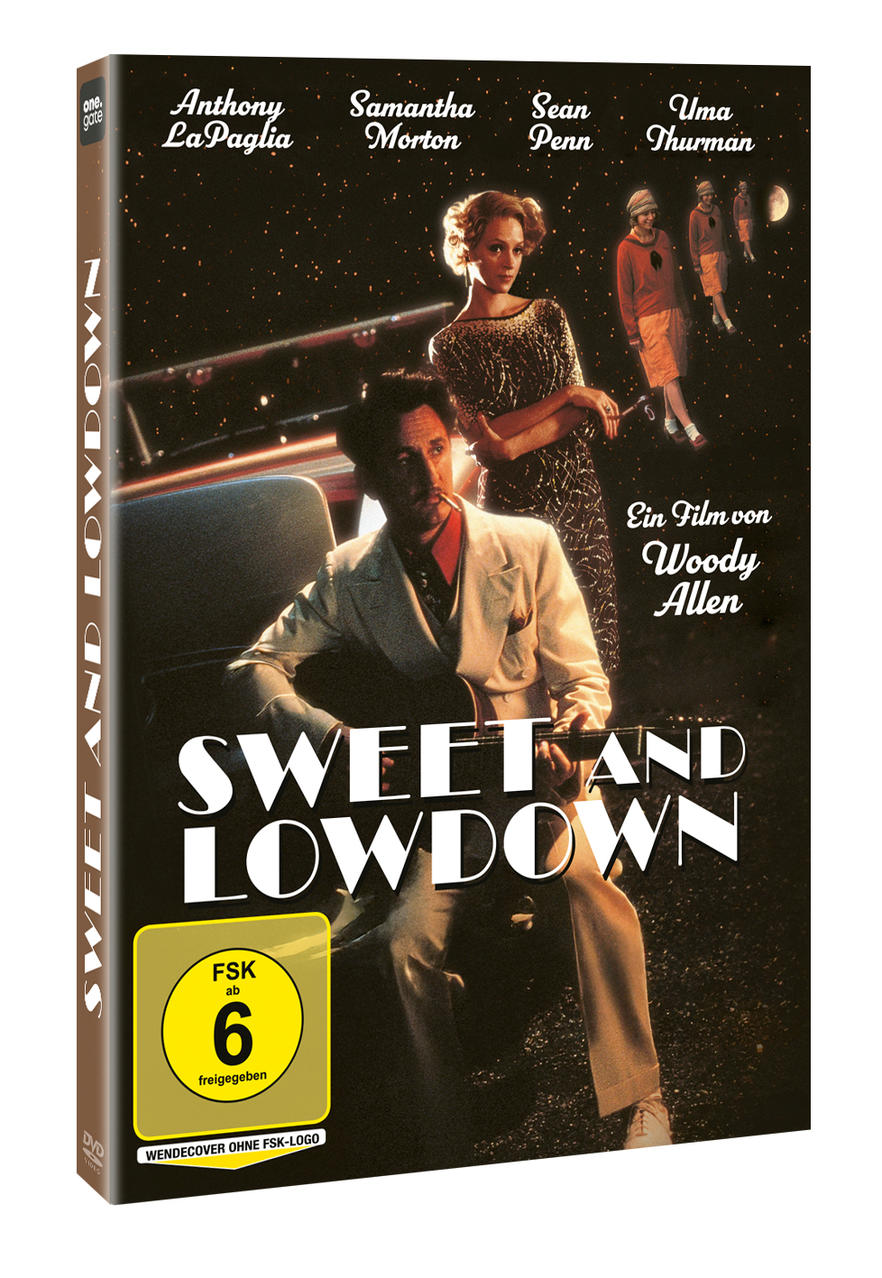 Filmplakat zu Sweet and Lowdown. Ein Mann spielt Gitarre im Sitzen. Drei Frauen stehen hinter ihm.