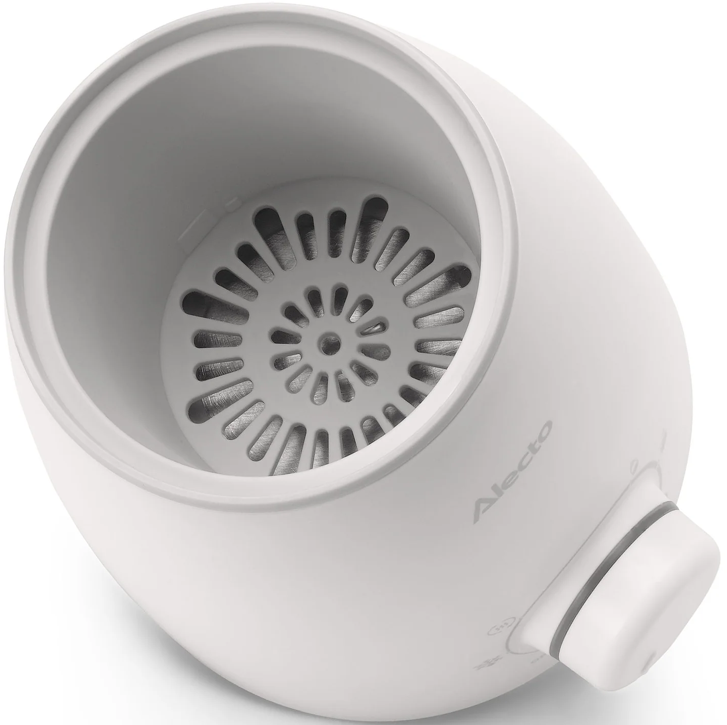 Un chauffe-biberon blanc avec un insert perforé à l'intérieur et un bouton rotatif.