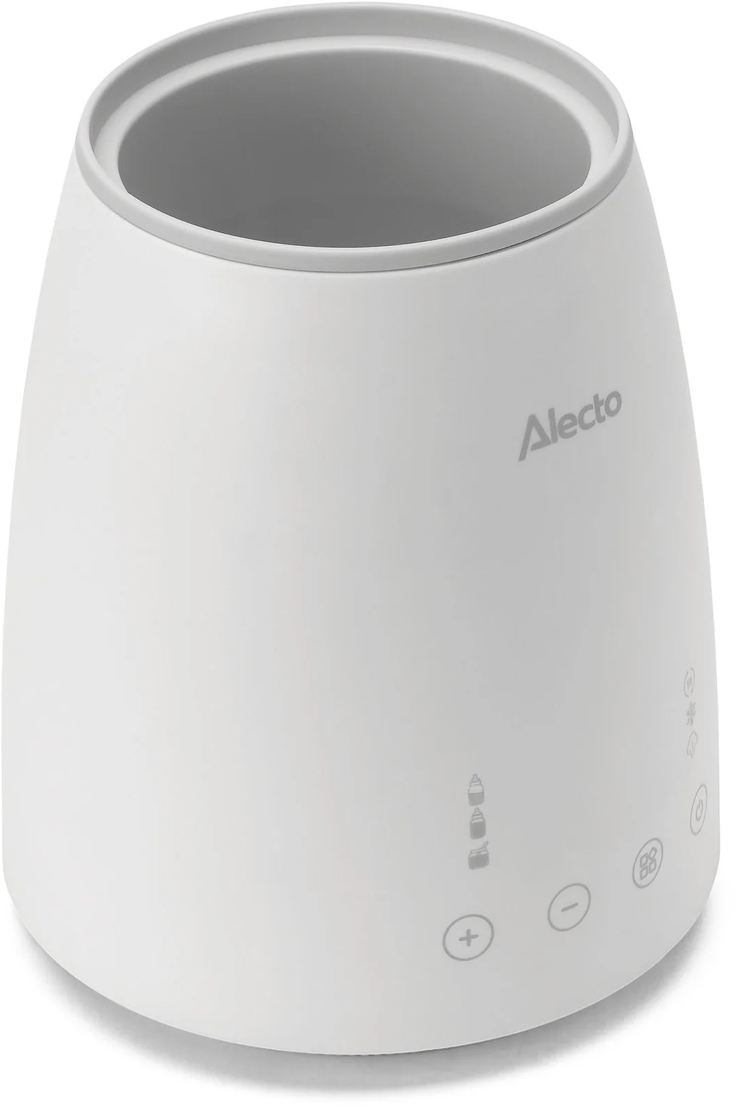 Un chauffe-biberon blanc avec logo Alecto et boutons.