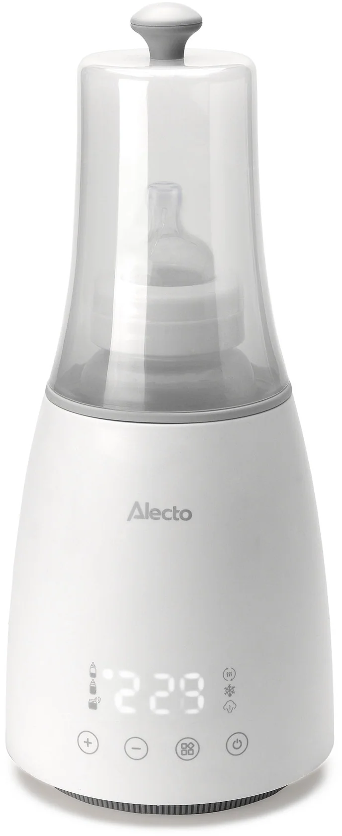 Stérilisateur de biberon blanc Alecto avec écran numérique et couvercle transparent.