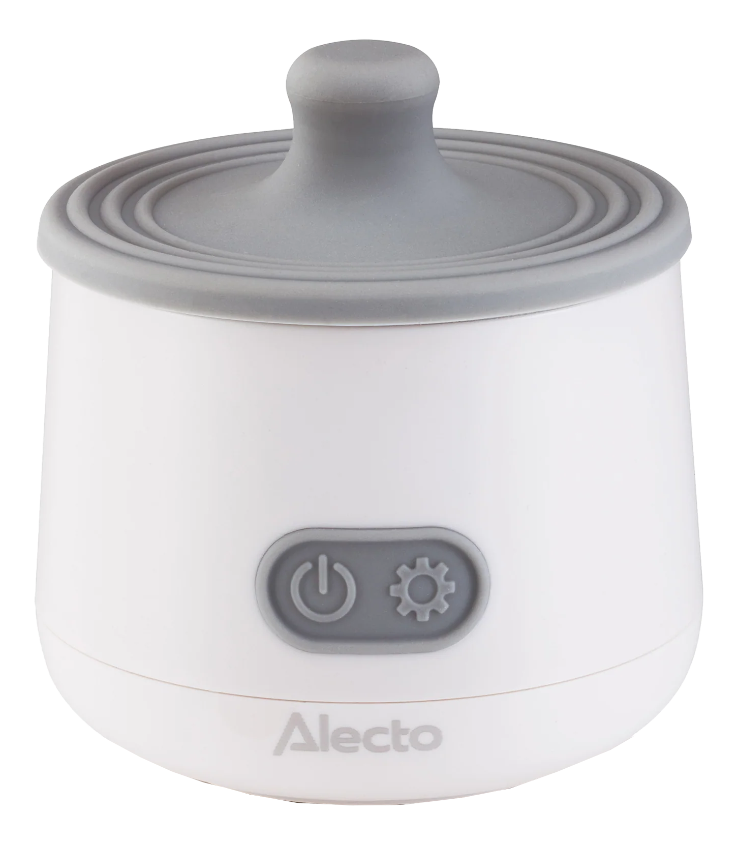 Un scaldabiberon Alecto bianco con coperchio e pulsanti grigi.