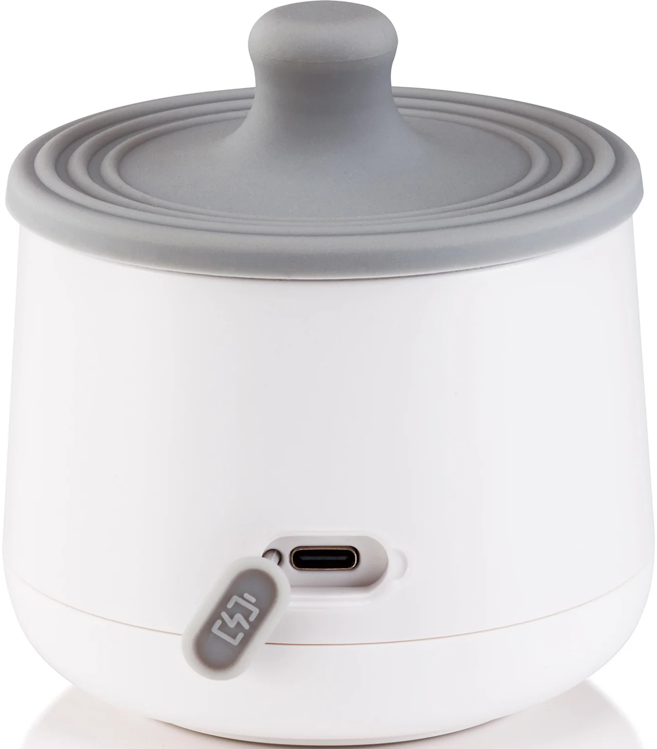 Un contenitore bianco con coperchio grigio e porta USB-C.