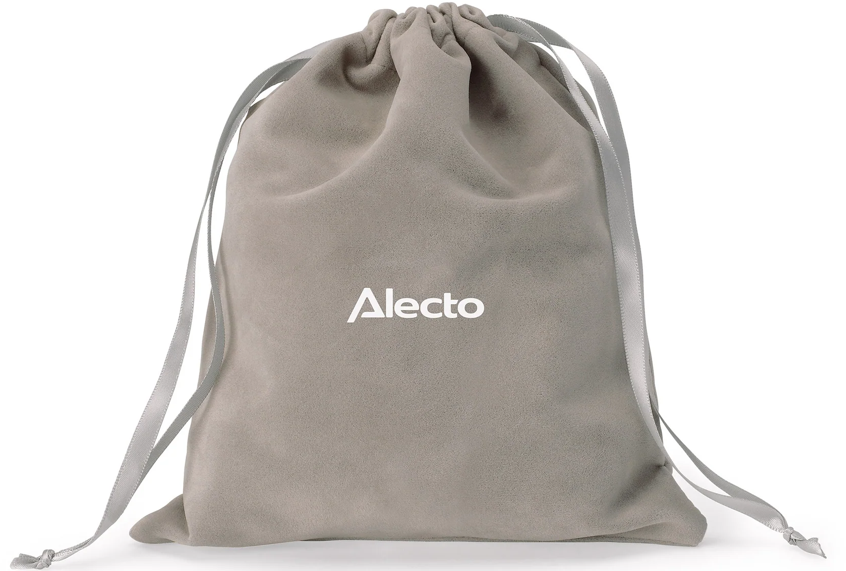 Sacchetto grigio con coulisse e logo 'Alecto'.