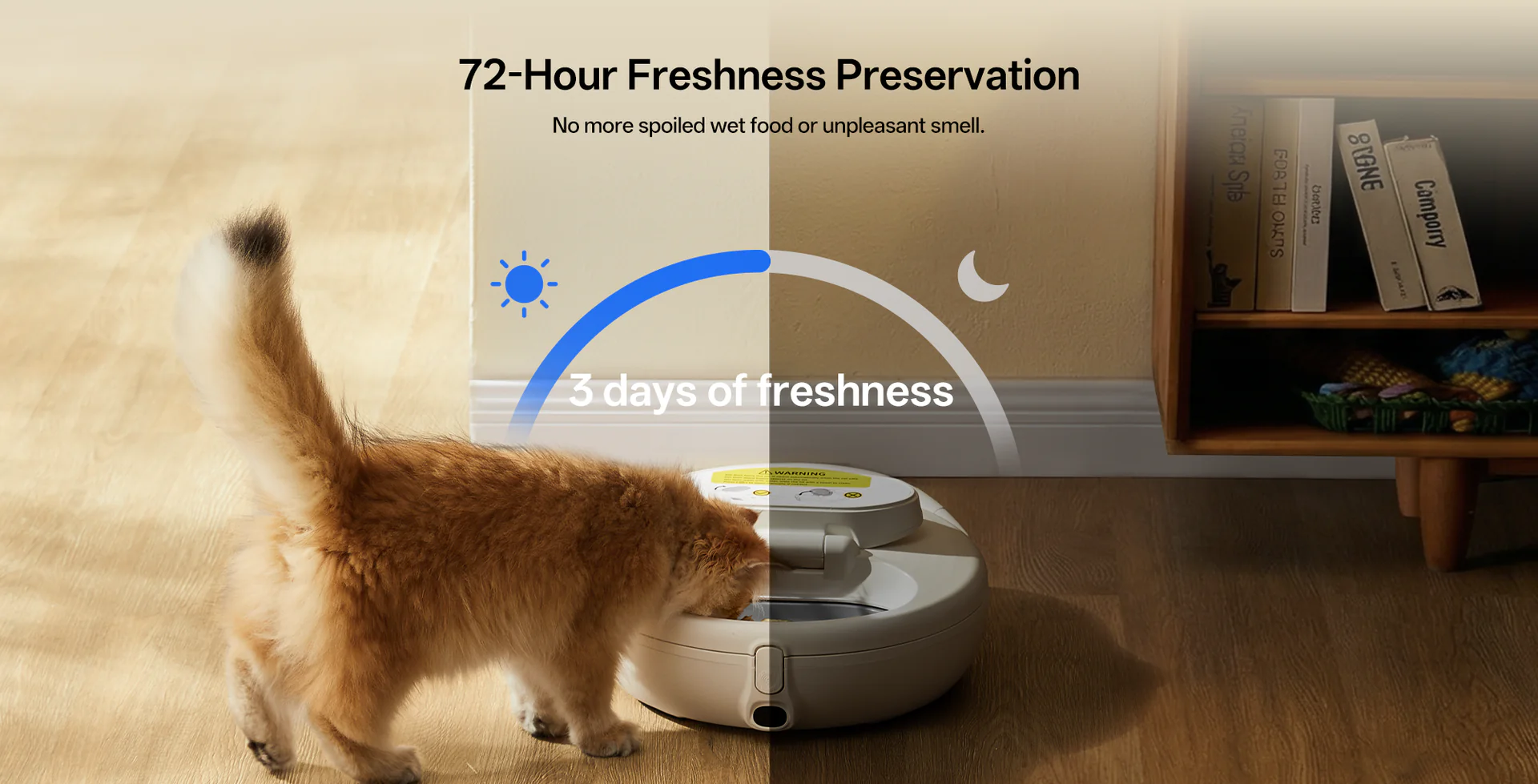 Eine orange Katze frisst aus einem weißen Futterautomaten, der 3 Tage Frische verspricht.