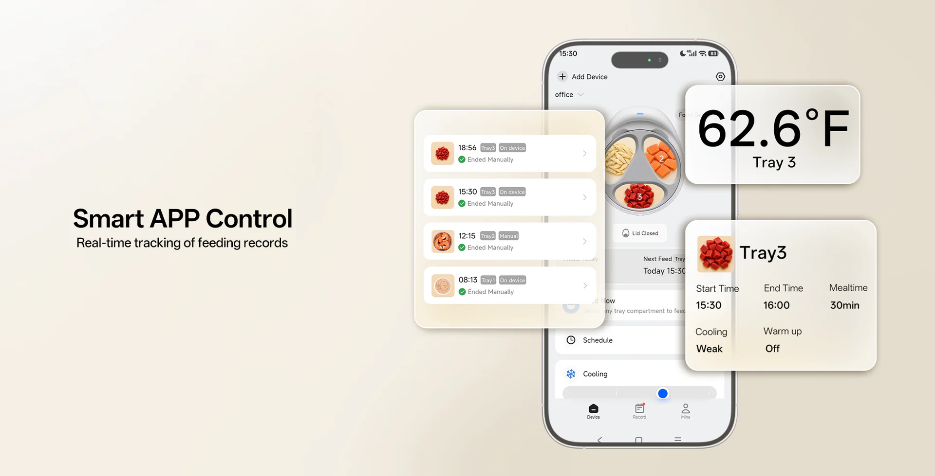 Ein Smartphone zeigt eine Futter-App mit Temperaturanzeige und Futterplänen.